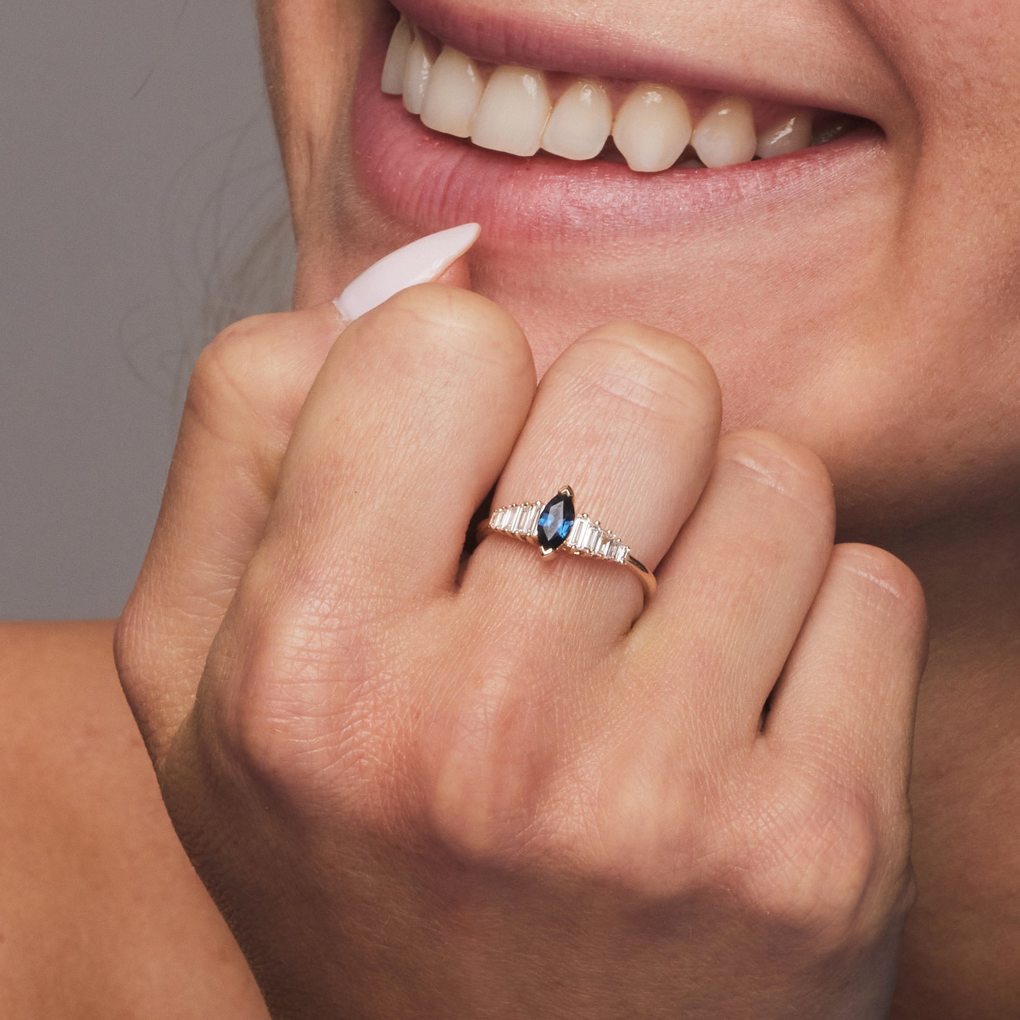 OBFJ1212 - 14k Gold Marquise Shape Sapphire Ring with Baguette Accents 2