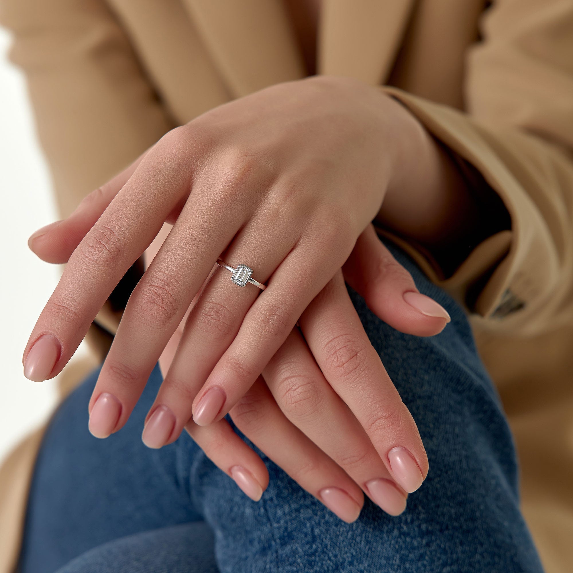 OBFJ1391 - 0.75 - 1.50 ctw 14k Bezel Setting Emerald Cut Lab Grown Diamond Engagement Ring - Anna 3