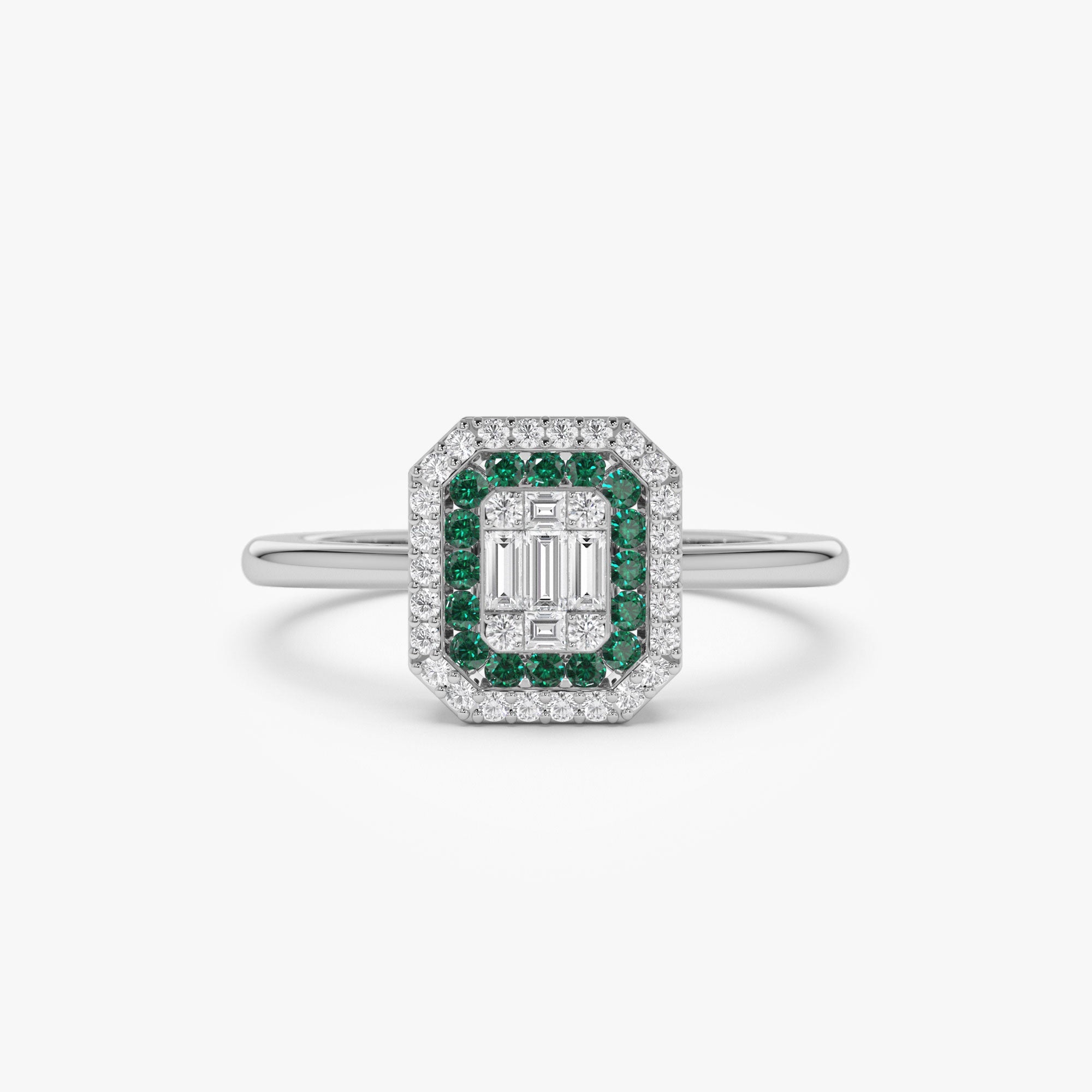 OBFJ1101 - 14k Baguette and Round Emerald Ring with Halo Setting 7
