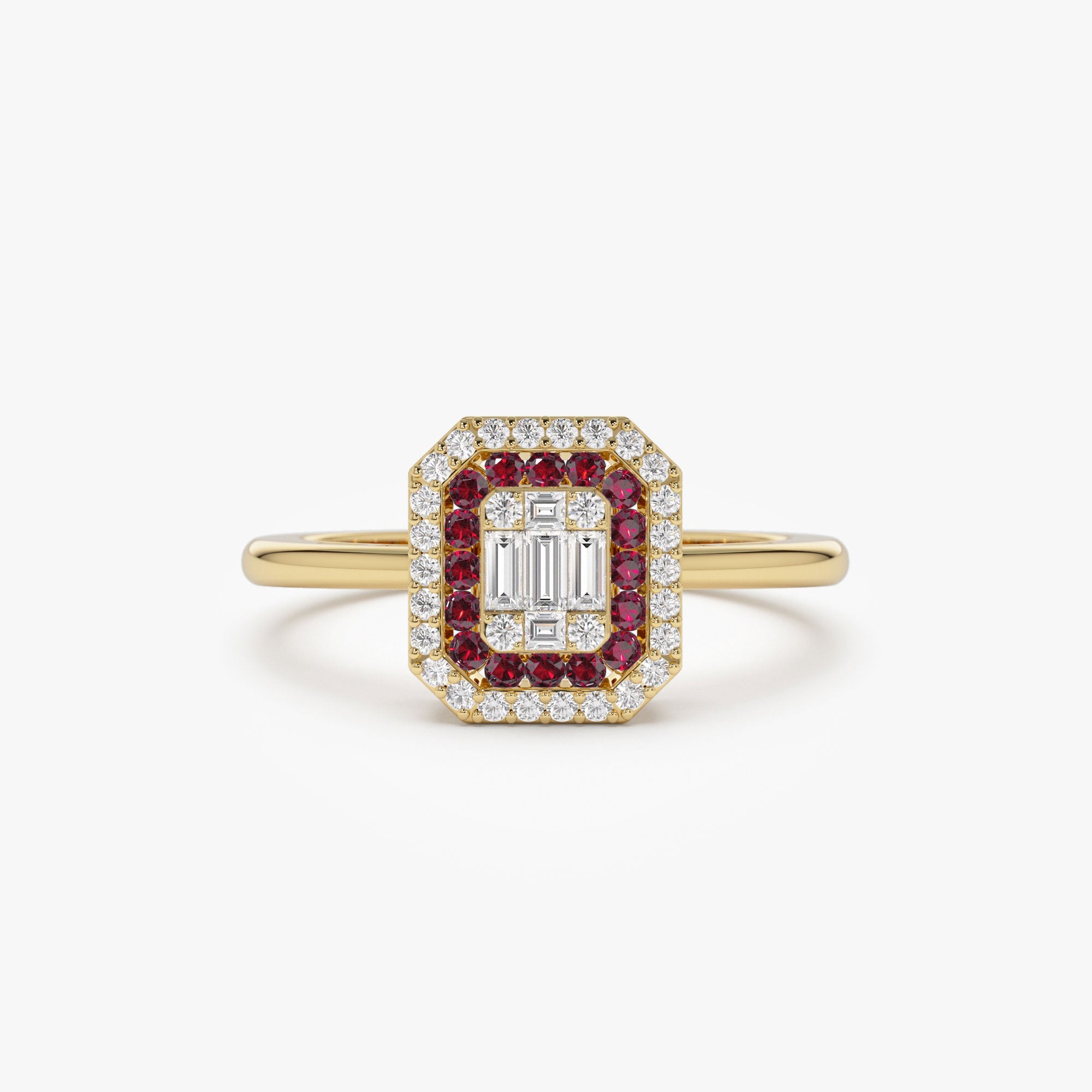 OBFJ1100 - 14k Baguette and Round Ruby Ring with Halo Setting 1