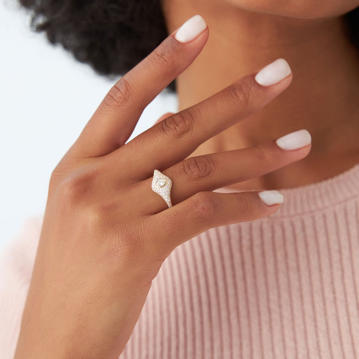 OBFJ1186 - Pave Setting Pear Shaped Diamond Signet Ring ring in selectable metal and diamond options - Roselle Jewelry view 3