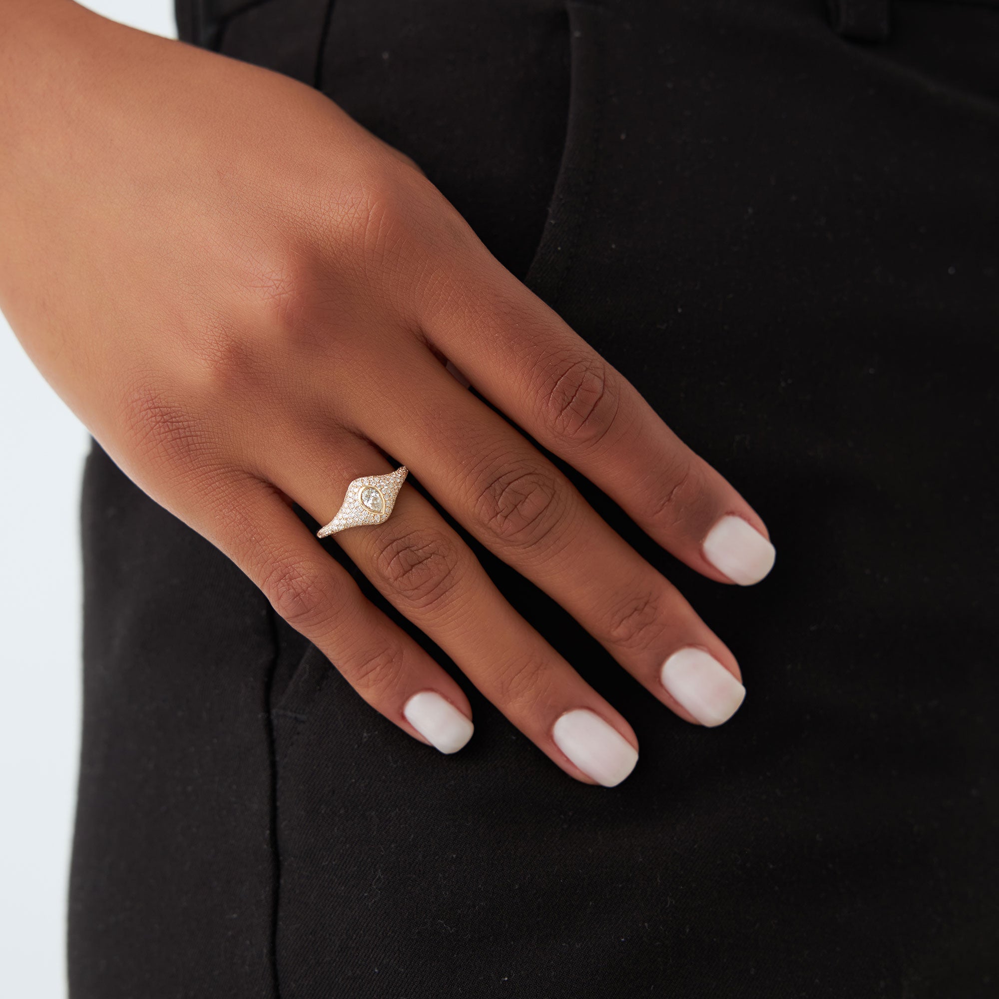 OBFJ1186 - Pave Setting Pear Shaped Diamond Signet Ring ring in selectable metal and diamond options - Roselle Jewelry view 2