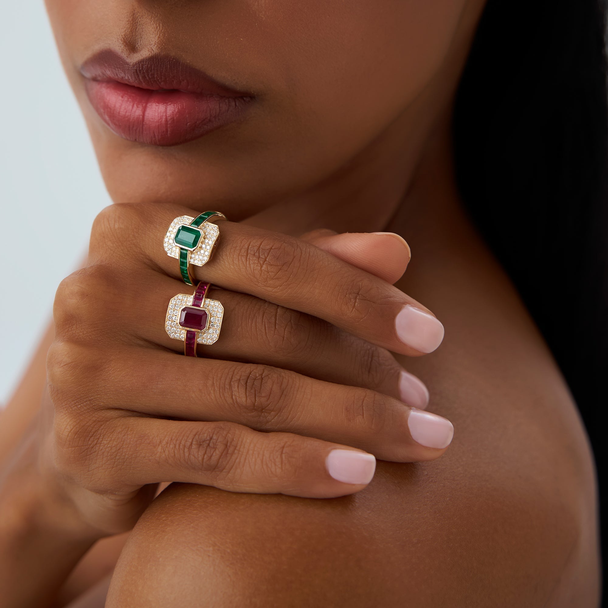 OBFJ0914 - Unique Emerald and Diamond Art Deco Ring ring in selectable metal and diamond options - Roselle Jewelry view 5