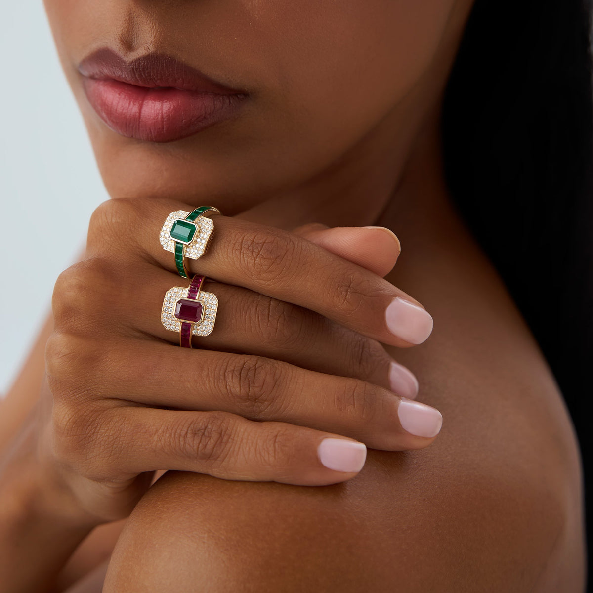 OBFJ0914 - Unique Emerald and Diamond Art Deco Ring ring in selectable metal and diamond options - Roselle Jewelry view 5