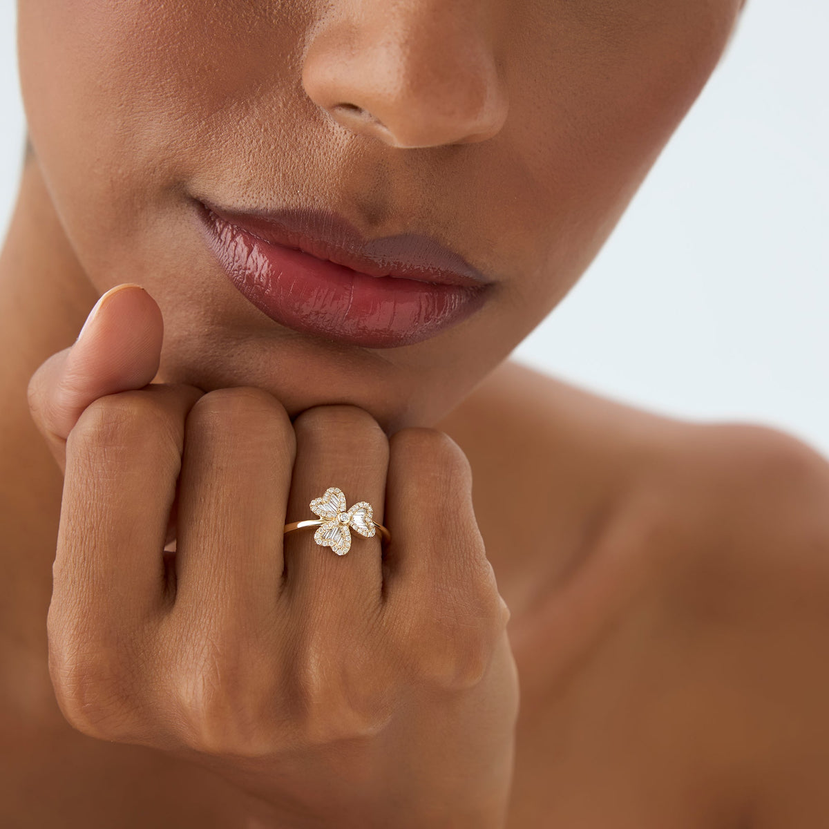 OBFJ0907 - Baguette & Round Diamond Flower Ring ring in selectable metal and diamond options - Roselle Jewelry view 2