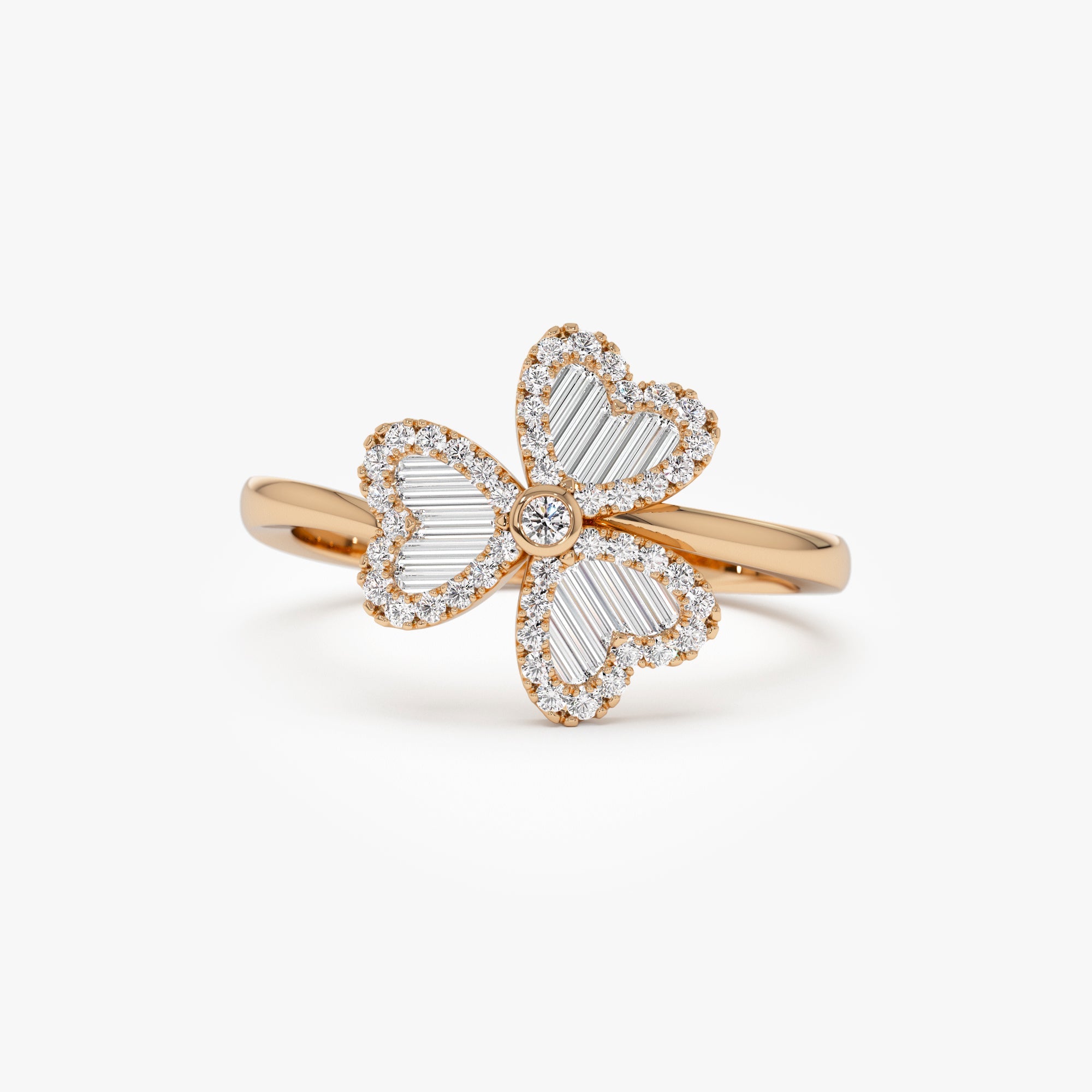 OBFJ0907 - Baguette & Round Diamond Flower Ring ring in selectable metal and diamond options - Roselle Jewelry view 6