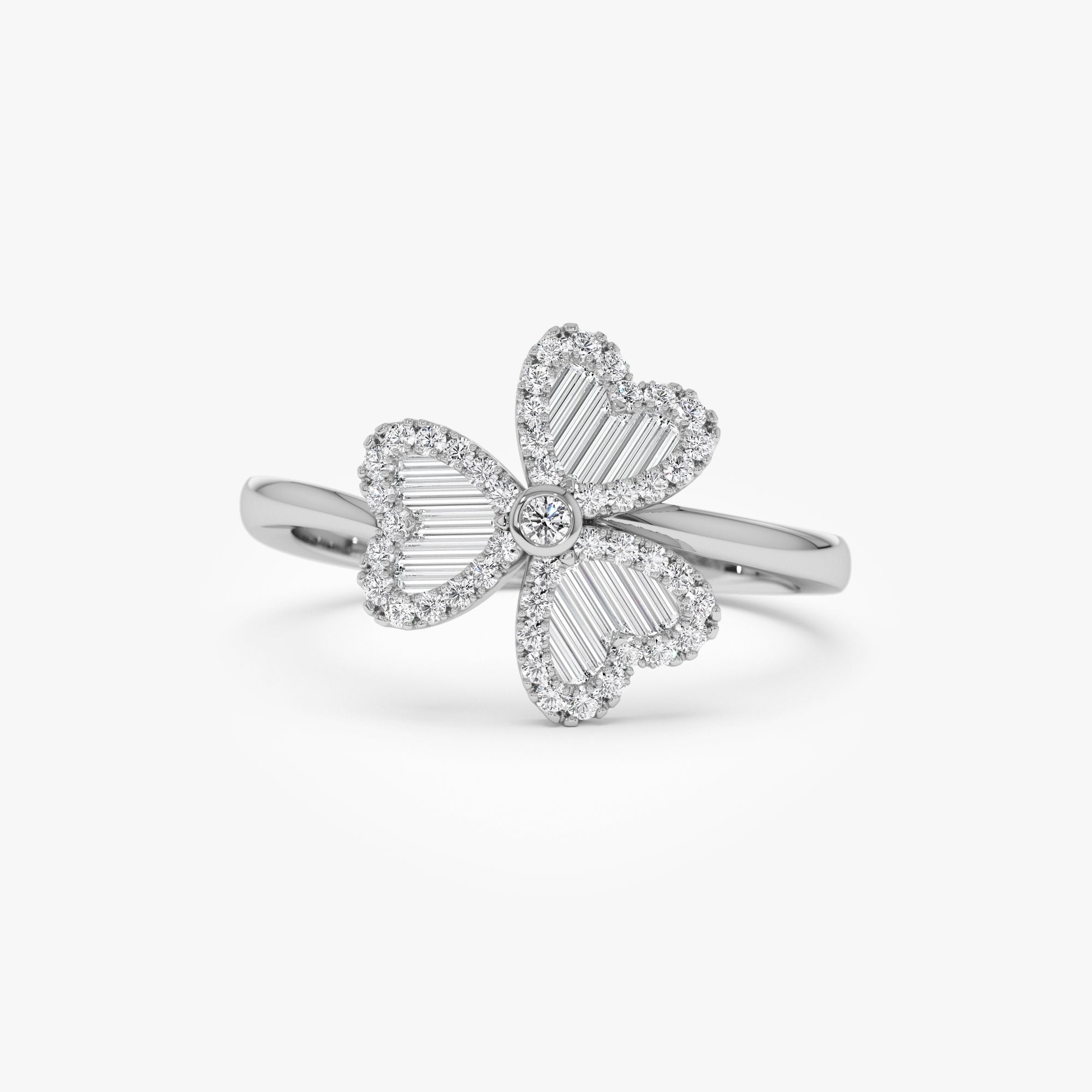 OBFJ0907 - Baguette & Round Diamond Flower Ring ring in selectable metal and diamond options - Roselle Jewelry view 7