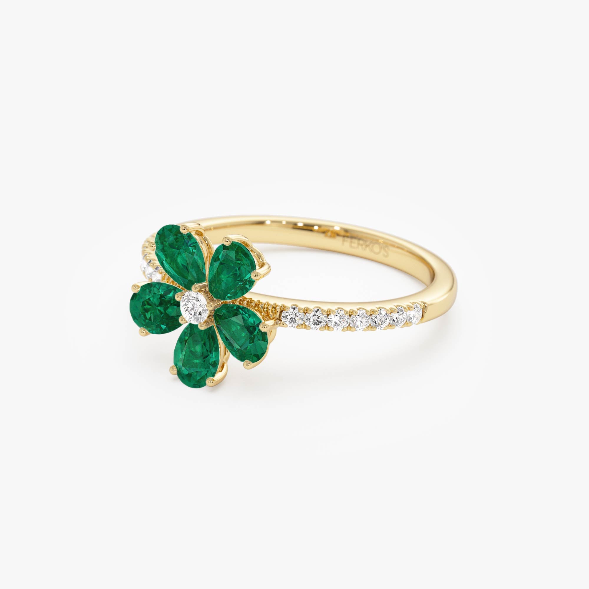 OBFJ0886 - 14K Five-Leaf Emerald and Diamond Ring 7