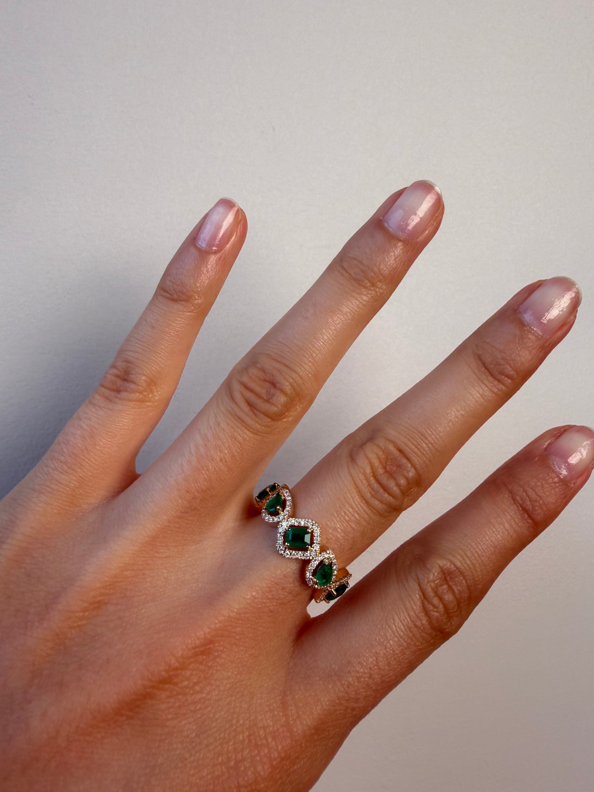 OBFJ0075 - 14K Gold Mixed shape Emerald and Diamond Statement Ring 3