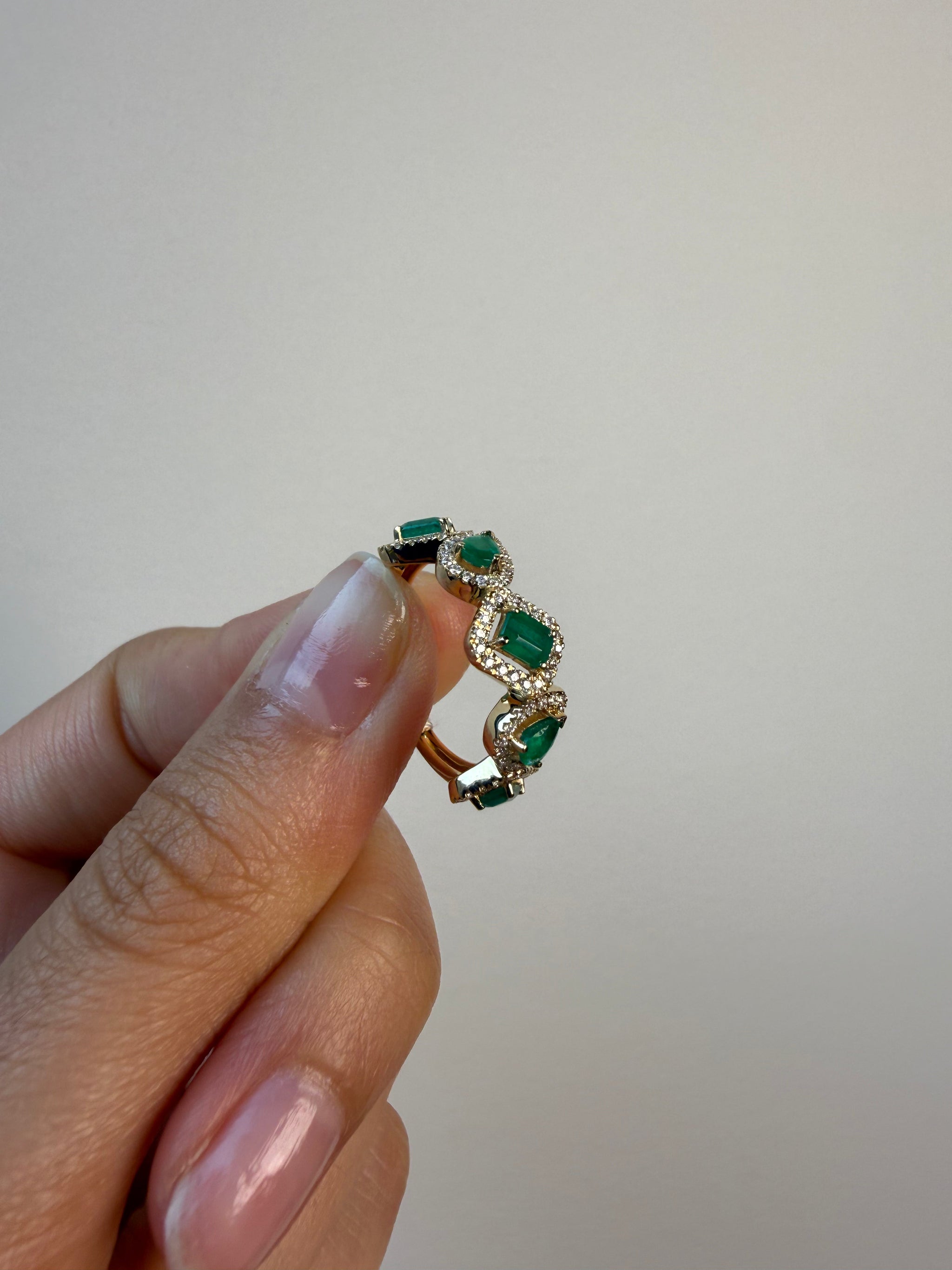 OBFJ0075 - 14K Gold Mixed shape Emerald and Diamond Statement Ring 4