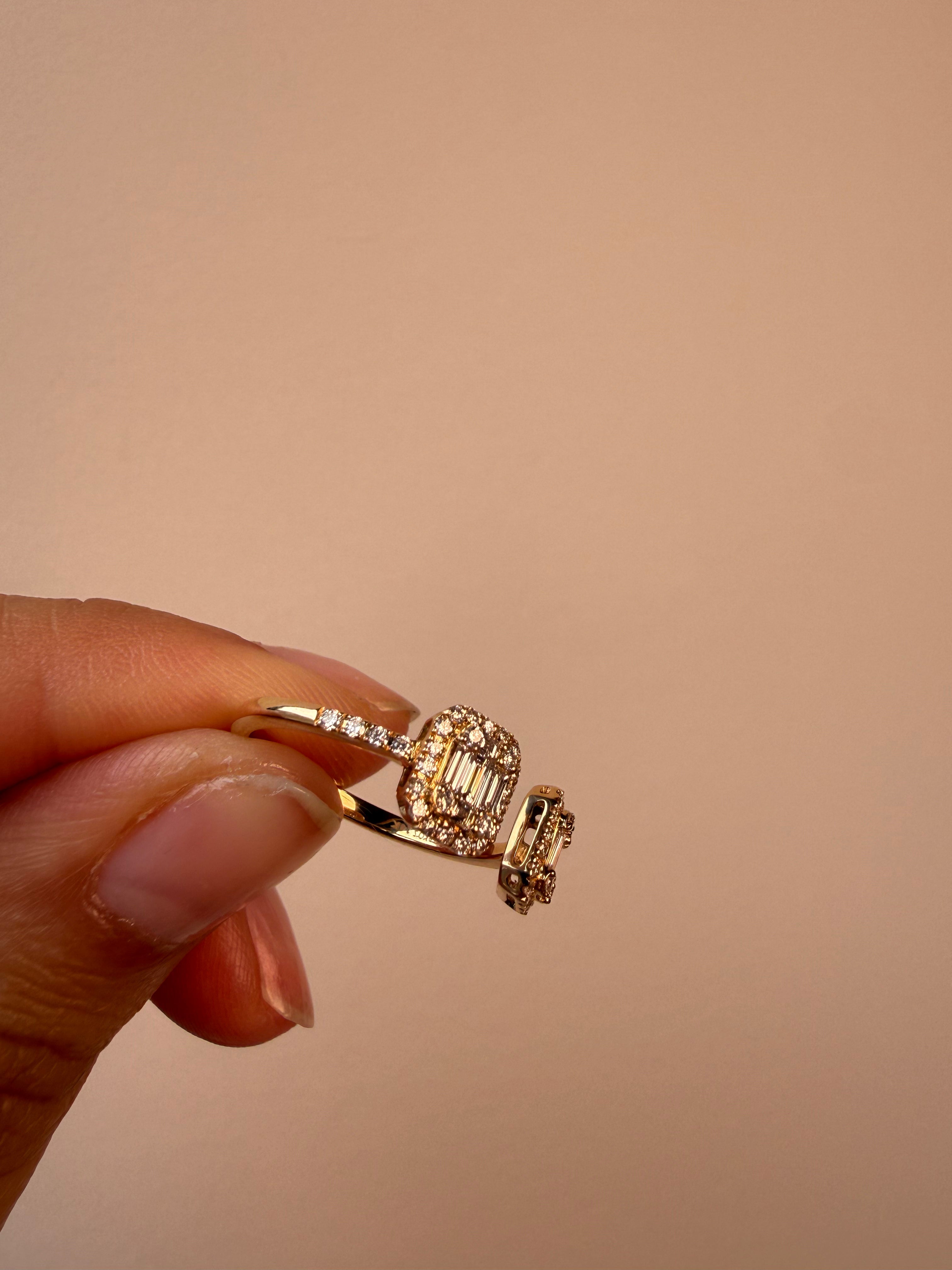 OBFJ0064 - 14k Gold Double baguette Halo Cluster Open Cuff Ring 4