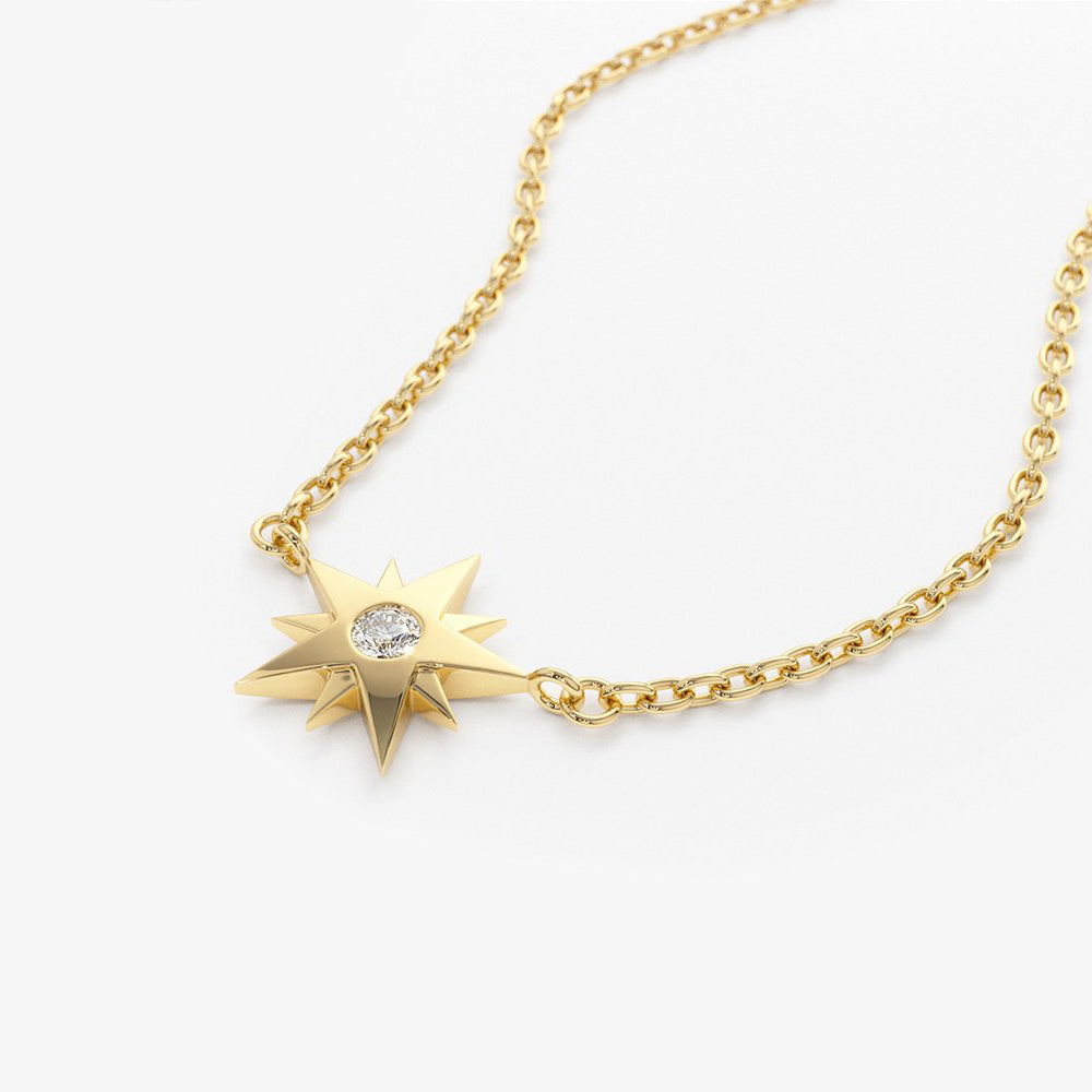 OBFJ1634 - 14K Gold Single Diamond Star Necklace 9