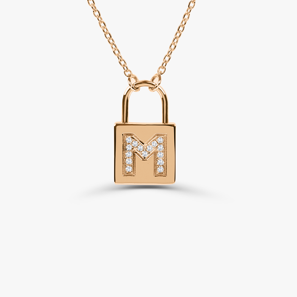 OBFJ1650 - Padlock Initial Necklace necklace in selectable metal and diamond options - Roselle Jewelry view 4