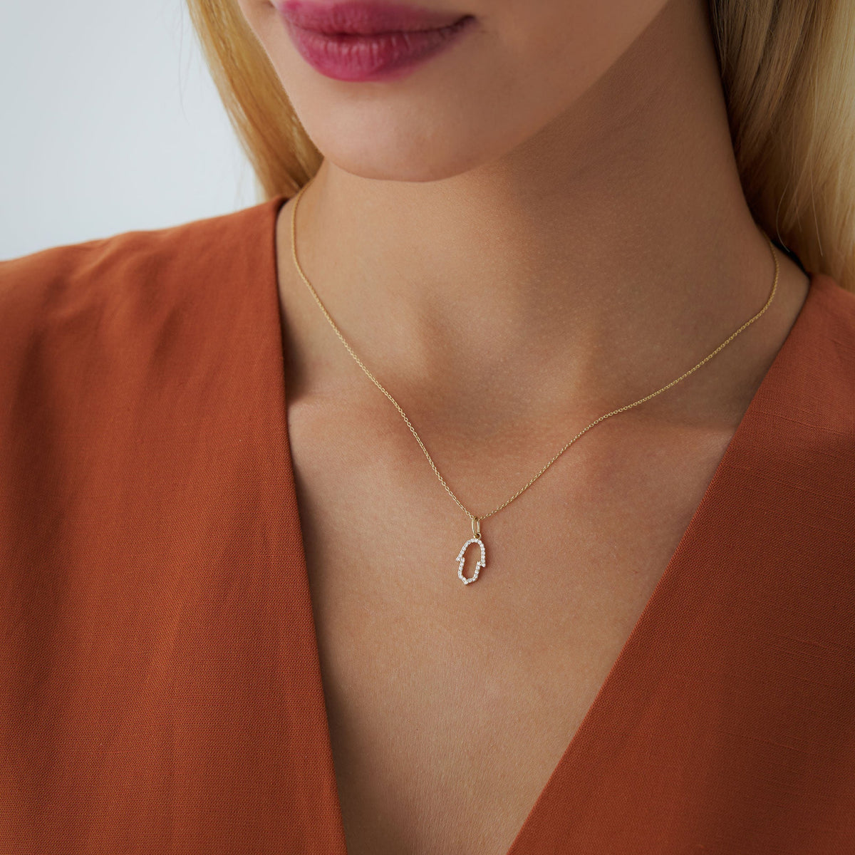 OBFJ0220 - Rose Diamond Hamsa Necklace necklace in selectable metal and diamond options - Roselle Jewelry view 3