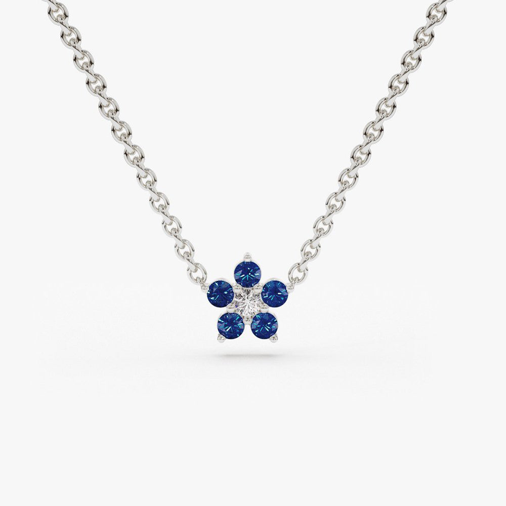 OBFJ1863 - Sapphire and Diamond Flower Charm Necklace necklace in selectable metal and diamond options - Roselle Jewelry view 5