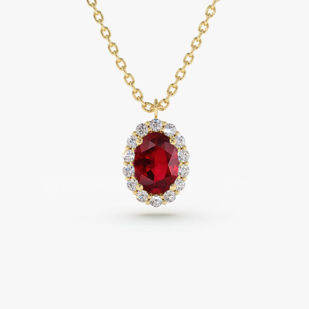 OBFJ1692 - 14K Gold Oval Cut Ruby Halo Diamond Necklace 1