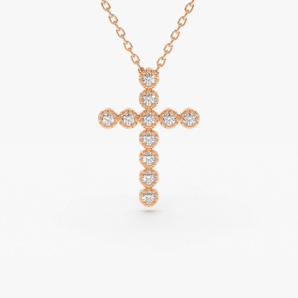 OBFJ0228 - 14K Rose Gold Bezel Setting With Milgrain Diamond Cross Necklace 1