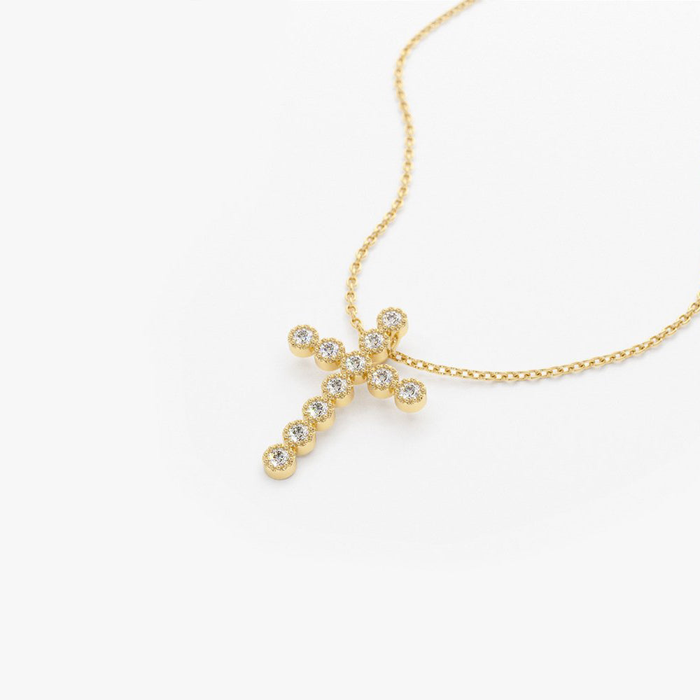OBFJ1733 - 14K Gold Bezel Setting With Milgrain Diamond Cross Necklace 6