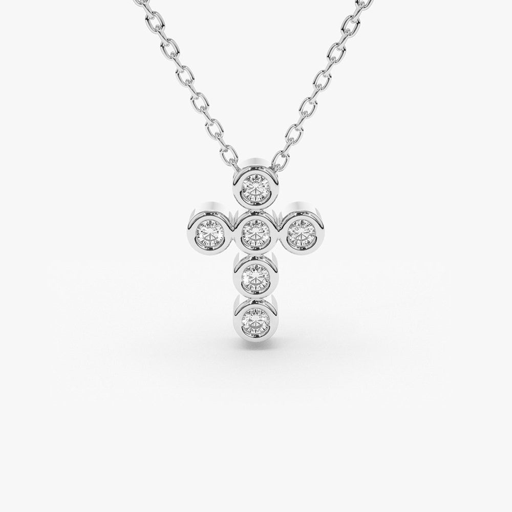 OBFJ1736 - 14K Gold 6 Stone Bezel Setting Diamond Cross Necklace 6