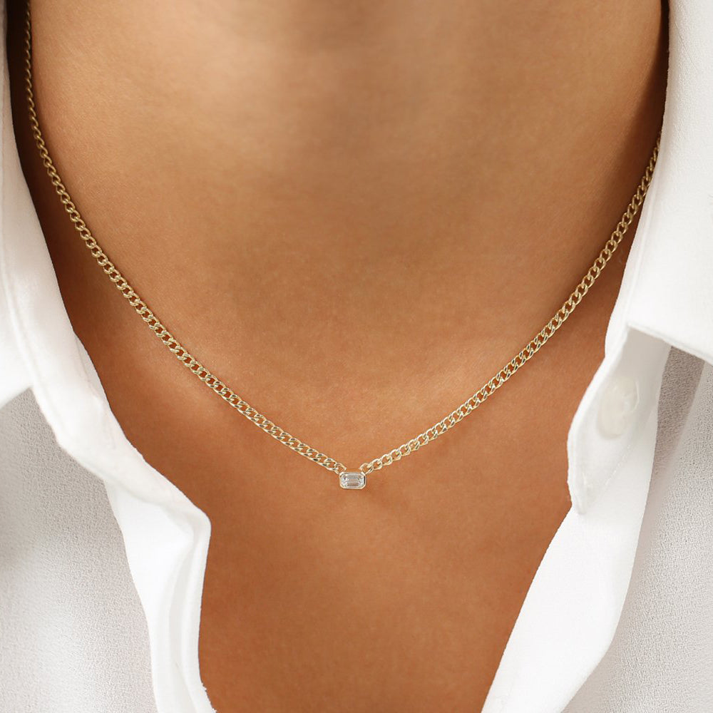 OBFJ1963 - 14k Gold Cuban Link Bezel Setting Emerald Cut Diamond Necklace 2