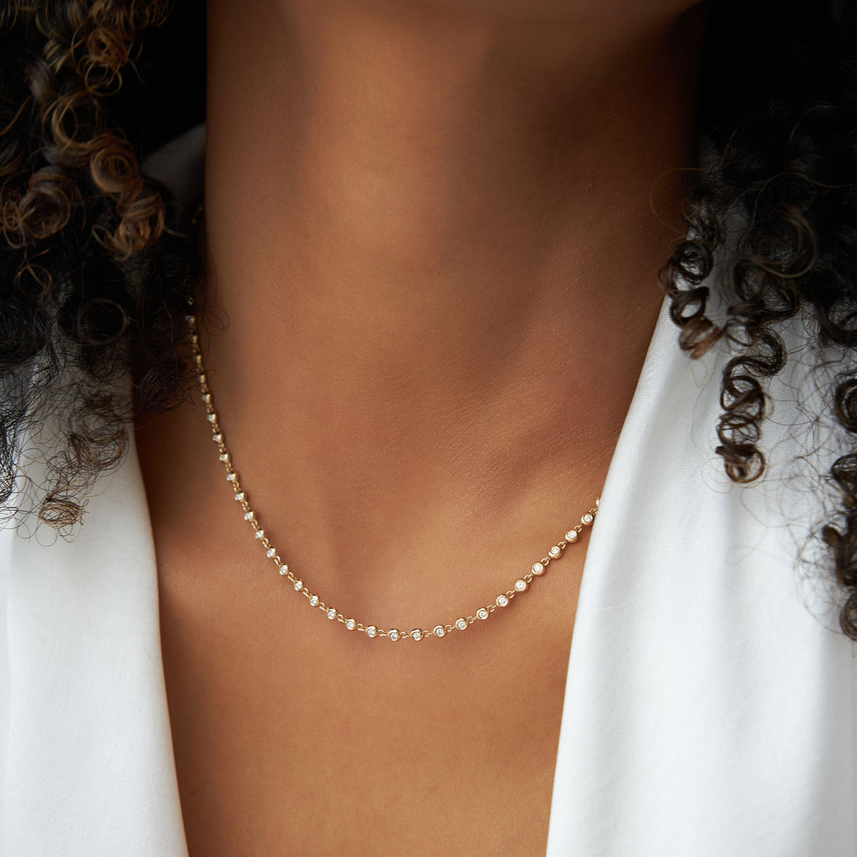 OBFJ2014 - Bezel Setting Diamond Tennis Necklace necklace in selectable metal and diamond options - Roselle Jewelry view 6