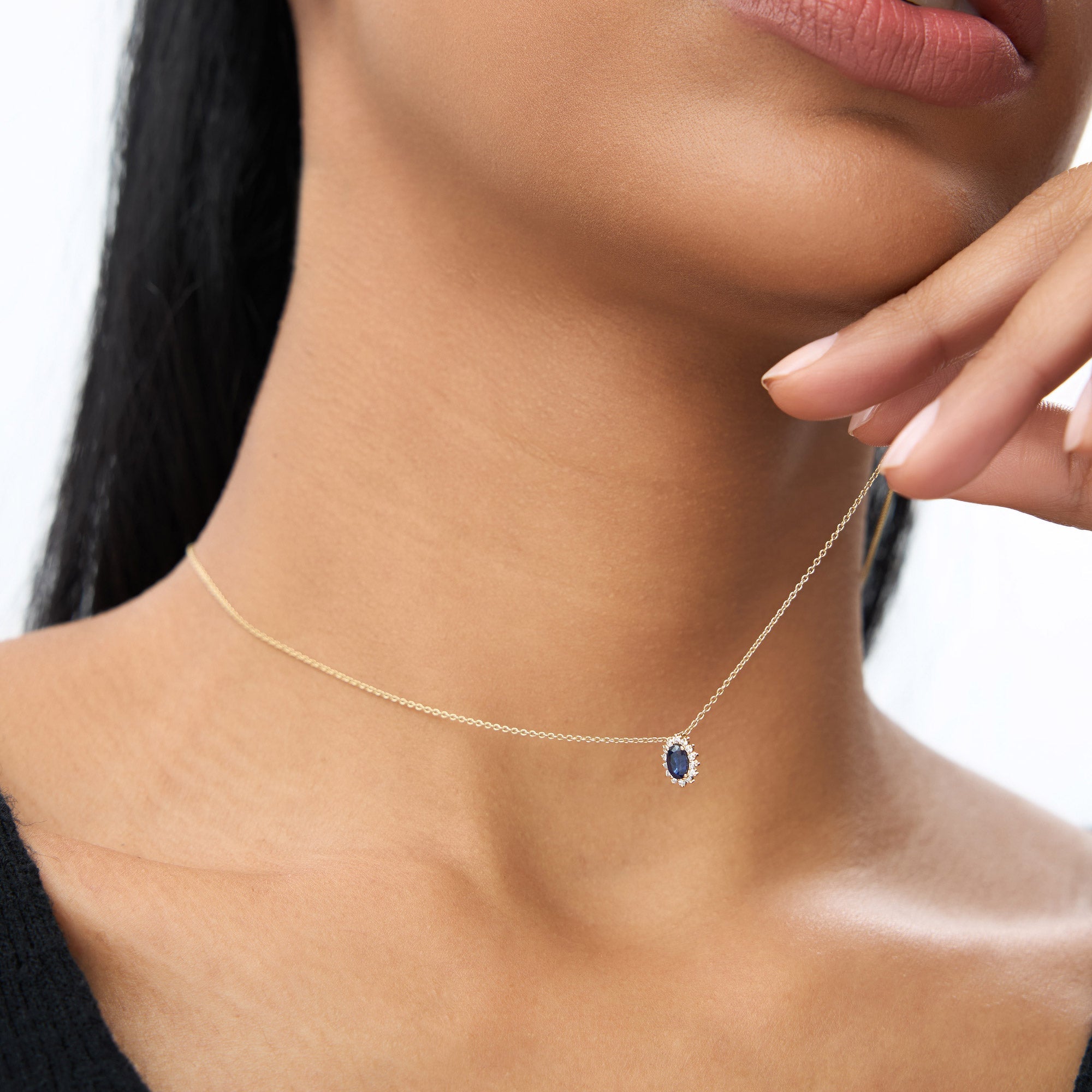 OBFJ1373 - 14k Sapphire Necklace with Halo Diamonds Necklace 2