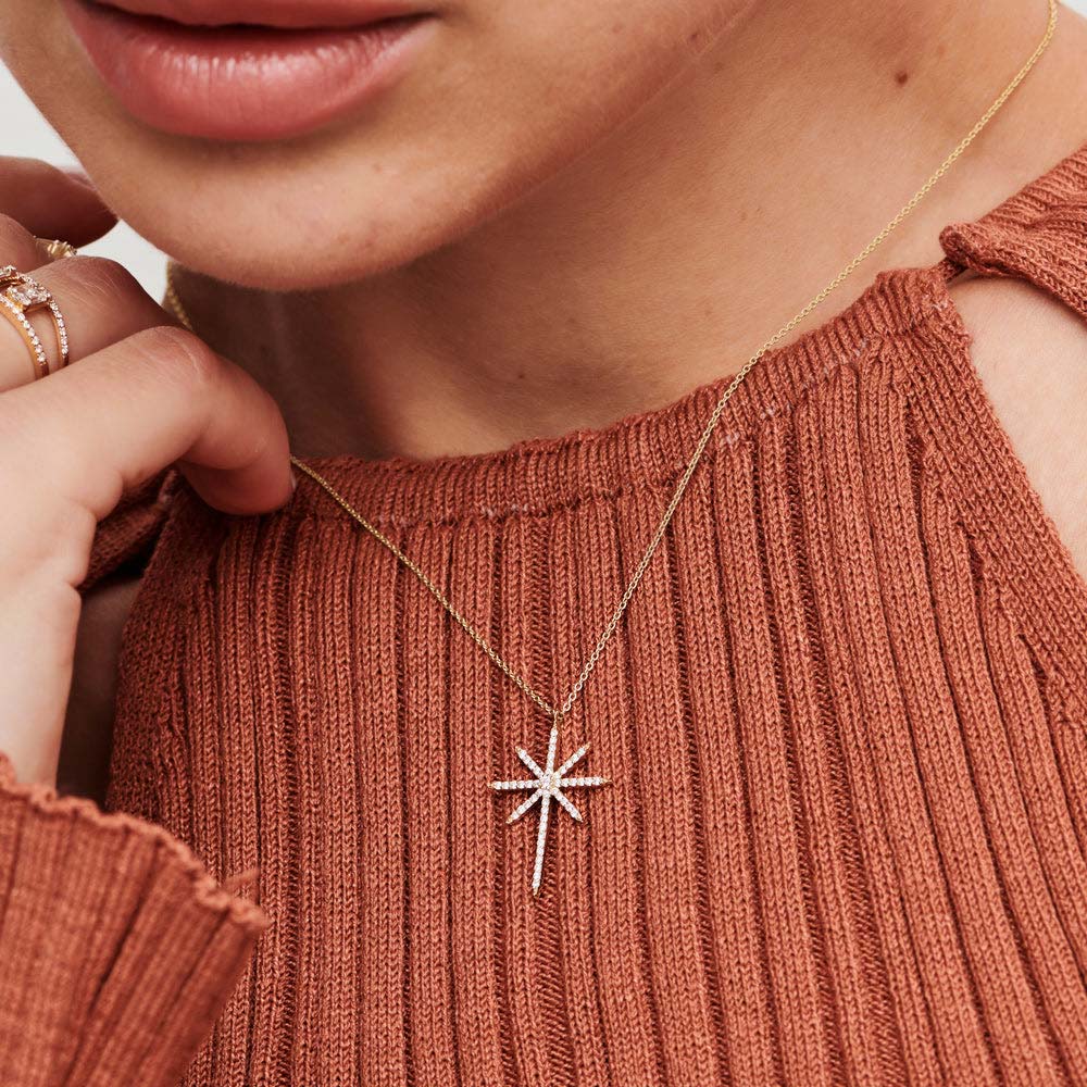 OBFJ0232 - 14k Rose Solid Gold Celestial North Star Diamond Necklace 5