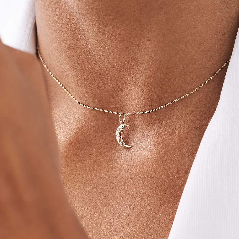 OBFJ0114 - Rose Star Setting Crescent Diamond Necklace necklace in selectable metal and diamond options - Roselle Jewelry view 2