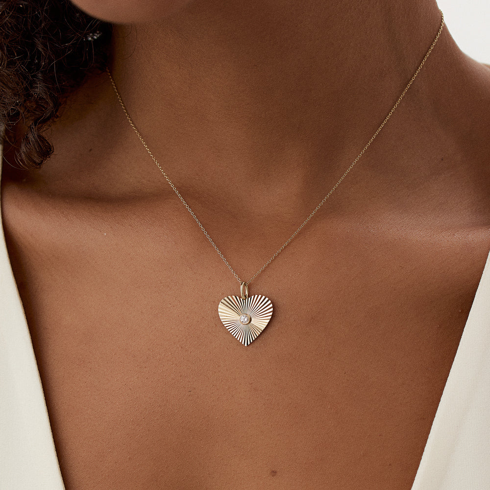 OBFJ1470 - Diamond-Cut Heart Shape Disc Ray Pendant necklace in selectable metal and diamond options - Roselle Jewelry view 3