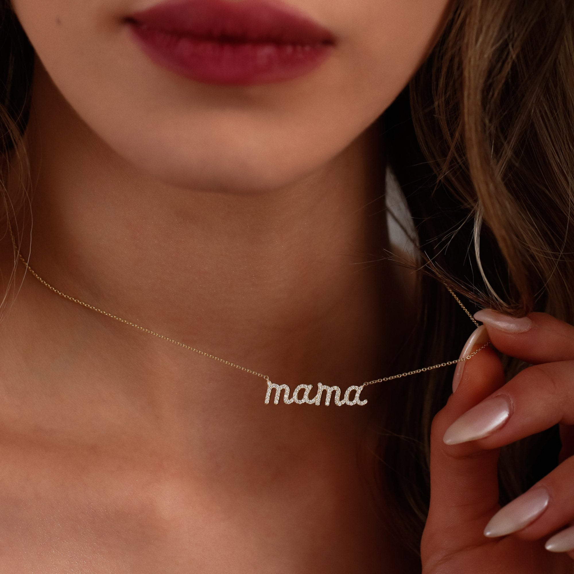 OBFJ1419 - 14k Diamond Script Mama Necklace 2
