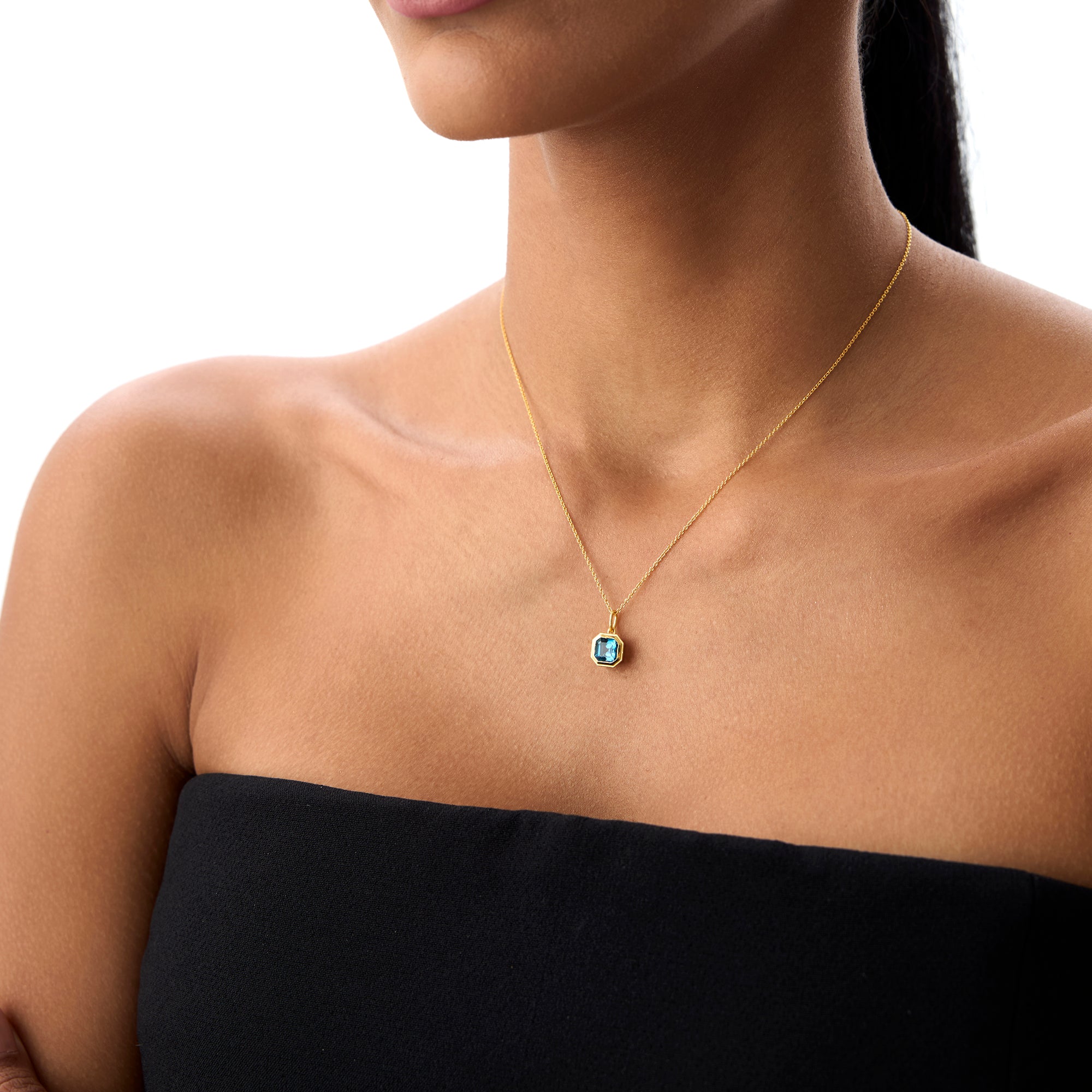OBFJ0823 - 14K Asscher Cut Bezel Set London Blue Topaz Necklace 3