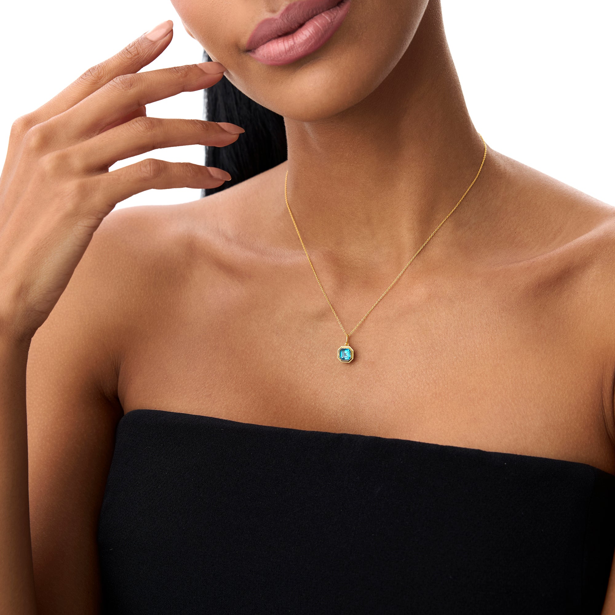 OBFJ0823 - 14K Asscher Cut Bezel Set London Blue Topaz Necklace 4