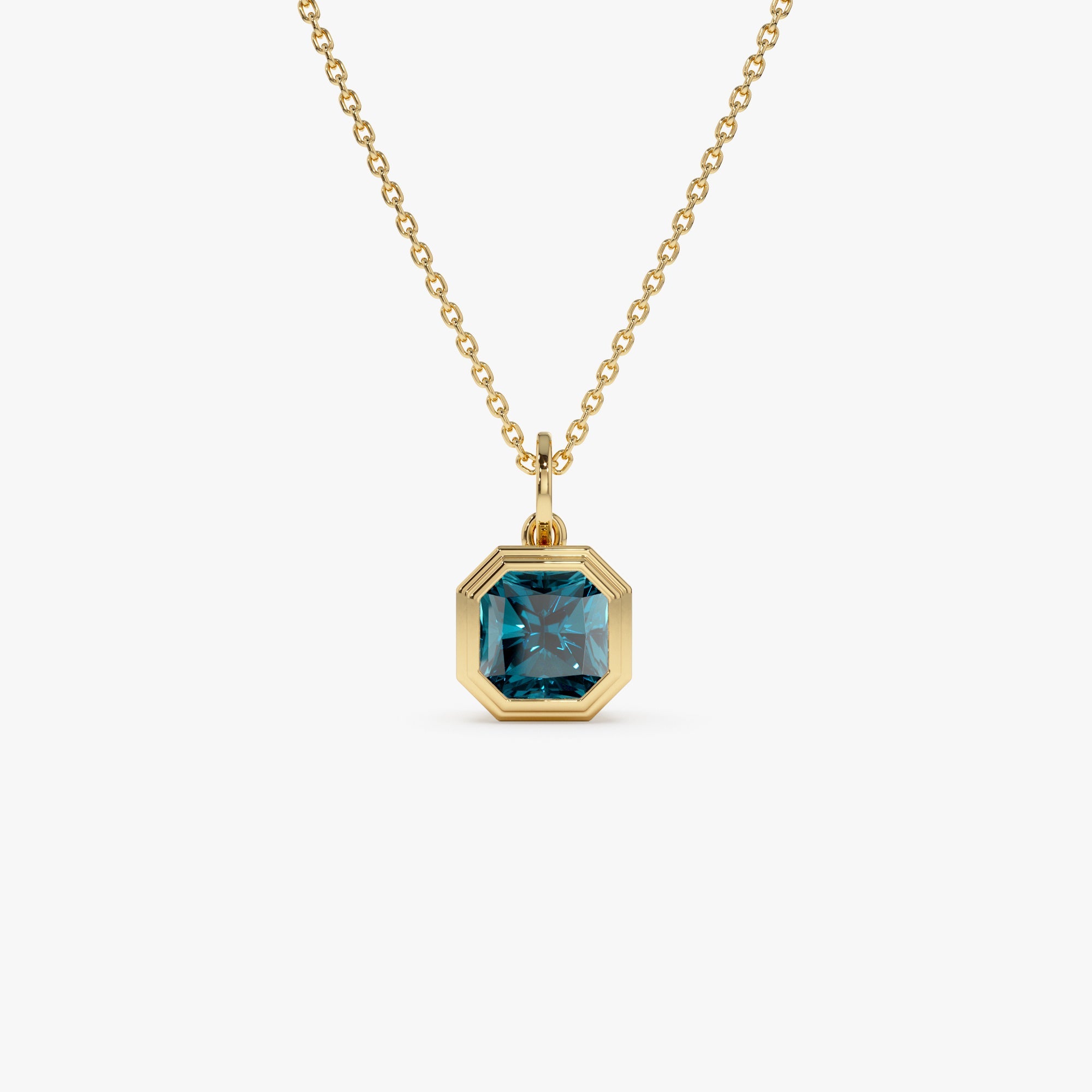 OBFJ0823 - 14K Asscher Cut Bezel Set London Blue Topaz Necklace 1