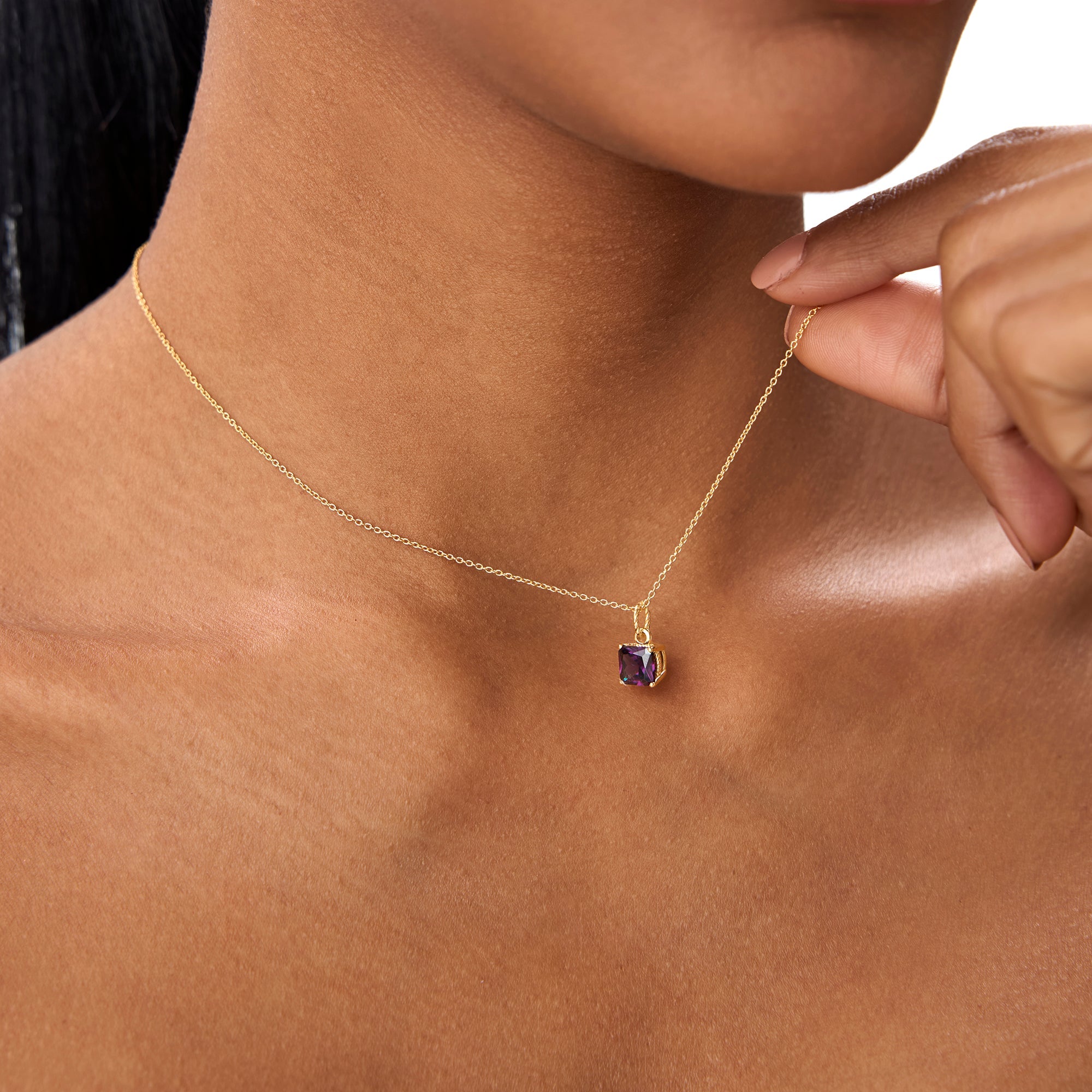 OBFJ0811 - Cushion Cut Amethyst Solitaire Necklace necklace in selectable metal and diamond options - Roselle Jewelry view 3