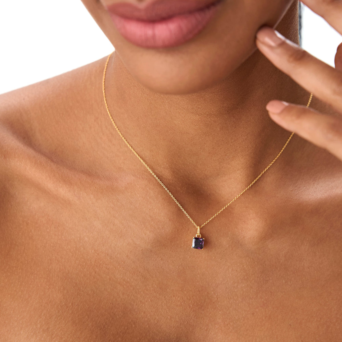 OBFJ0811 - Cushion Cut Amethyst Solitaire Necklace necklace in selectable metal and diamond options - Roselle Jewelry view 2