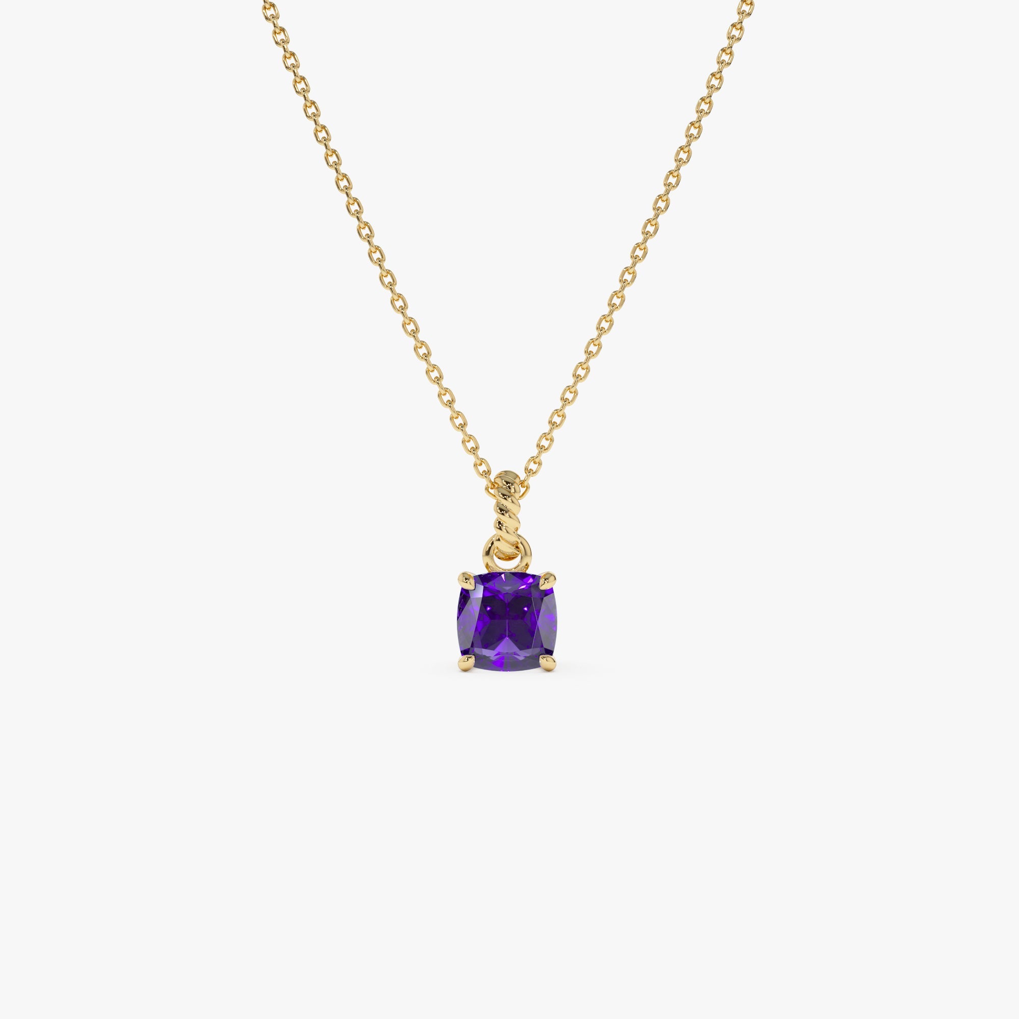OBFJ0811 - Cushion Cut Amethyst Solitaire Necklace necklace in selectable metal and diamond options - Roselle Jewelry view 1