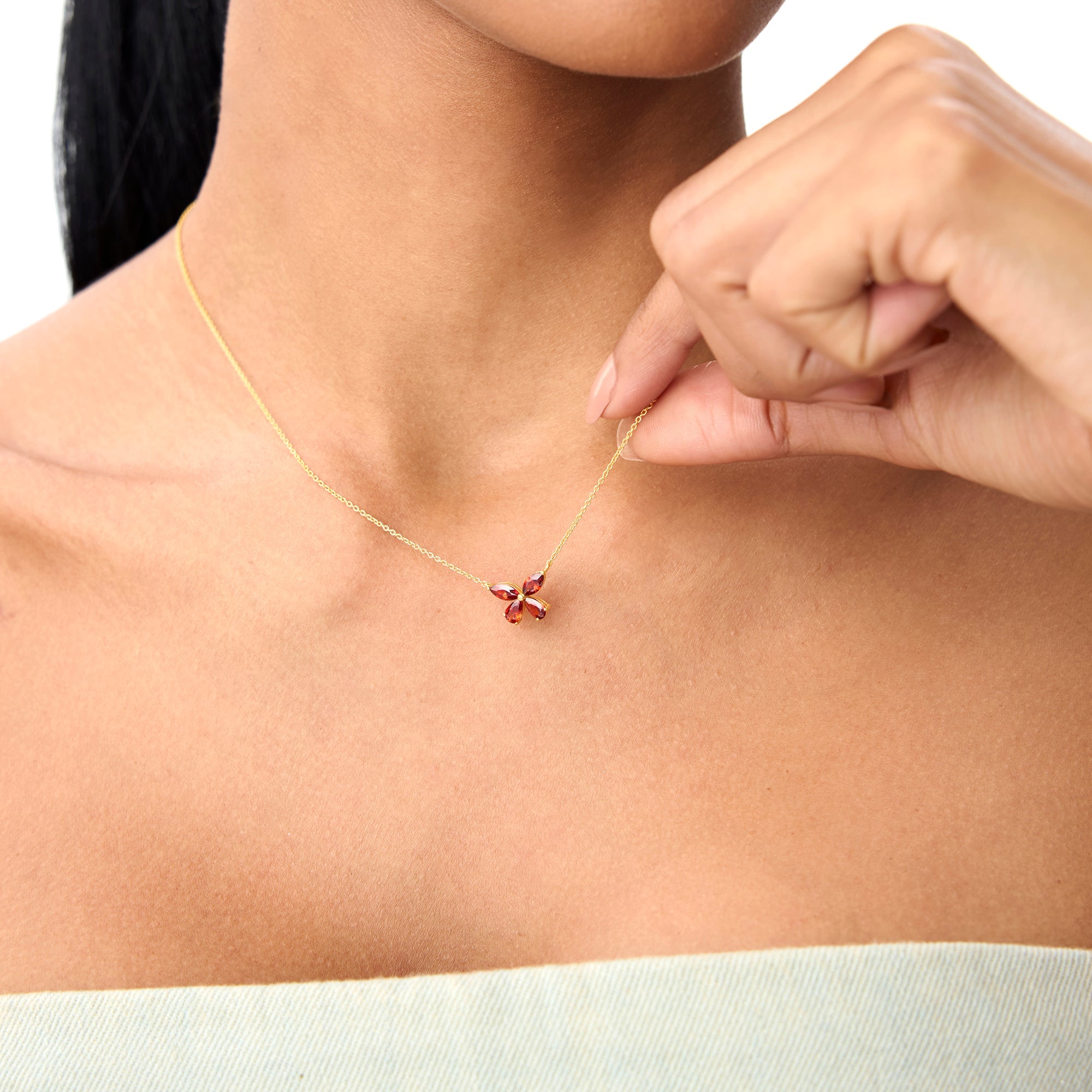 OBFJ0829 - Garnet Butterfly Necklace necklace in selectable metal and diamond options - Roselle Jewelry view 4