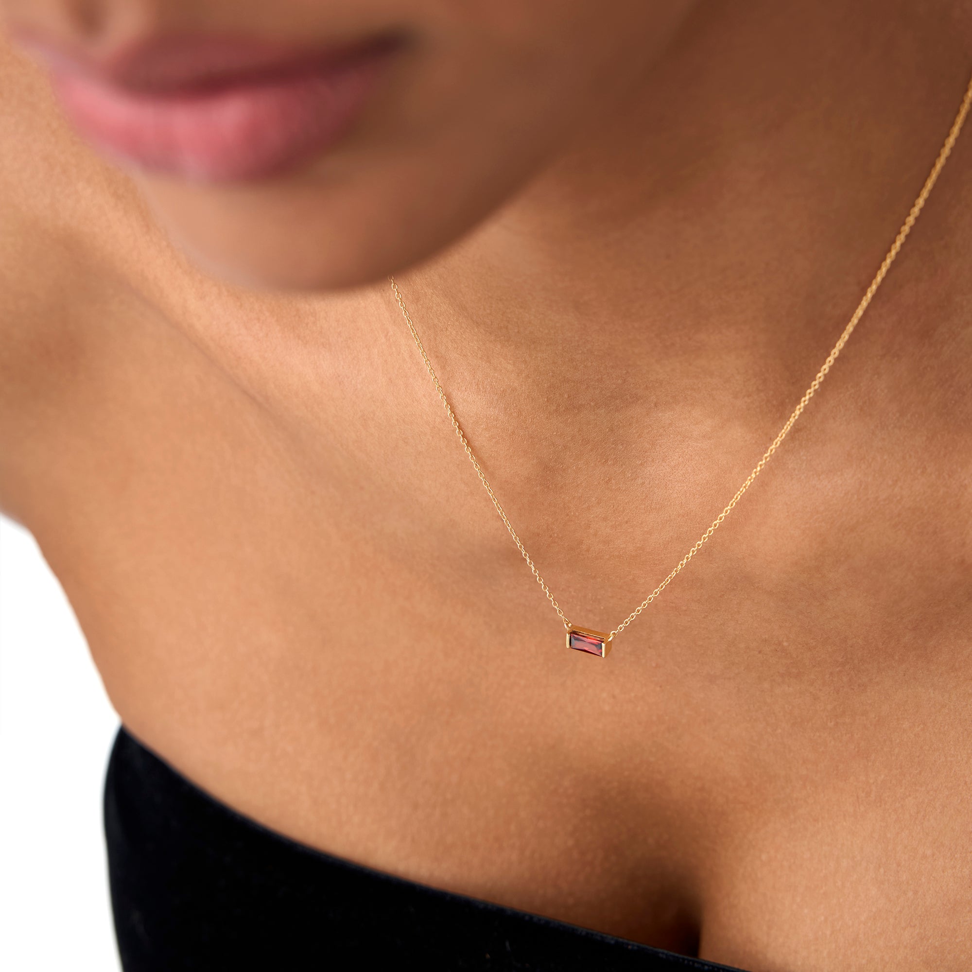 OBFJ0837 - 14Kt Gold Baguette Garnet Dainty Birthstone Necklace 5