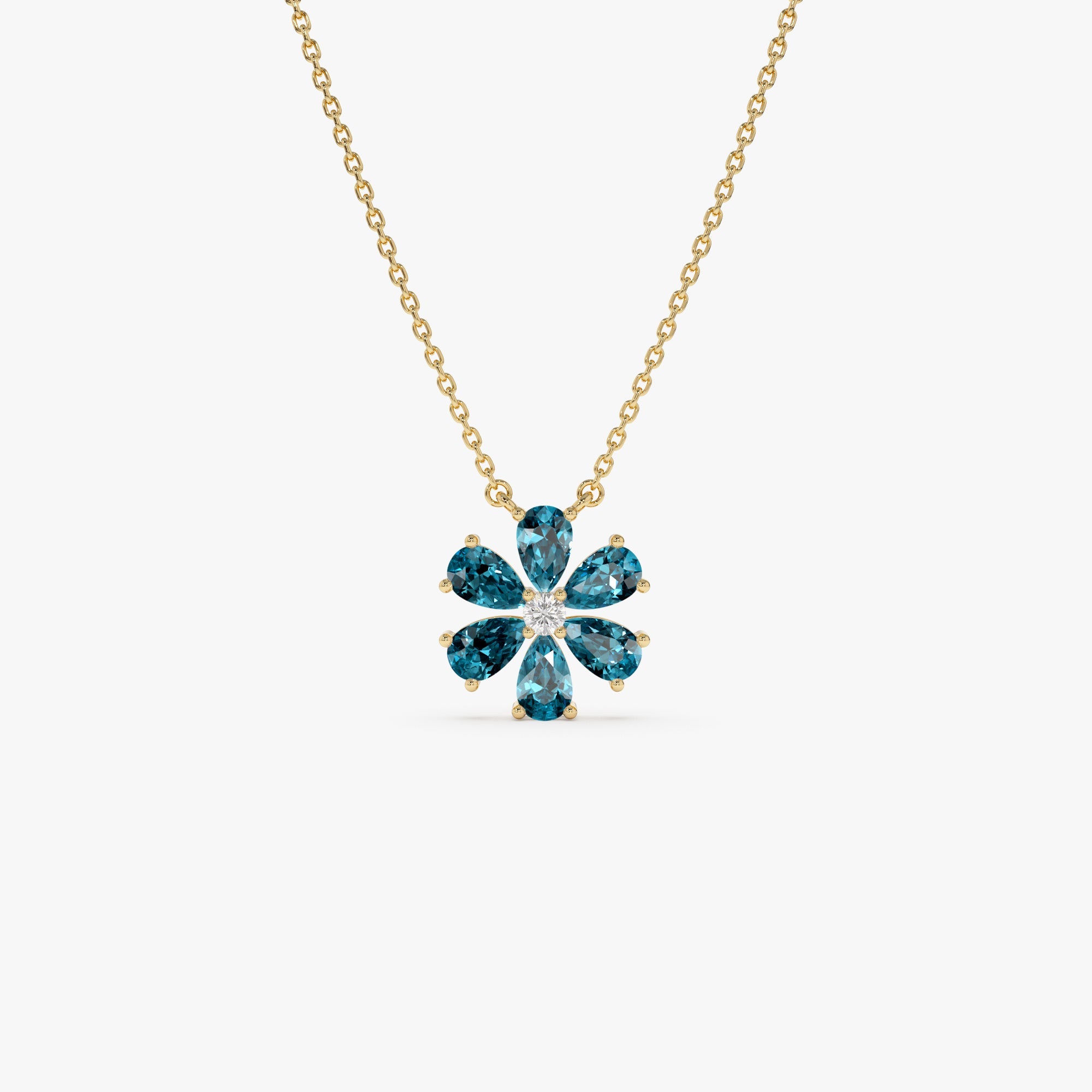 OBFJ0843 - 14K Gold London Blue Topaz Flower Necklace 1