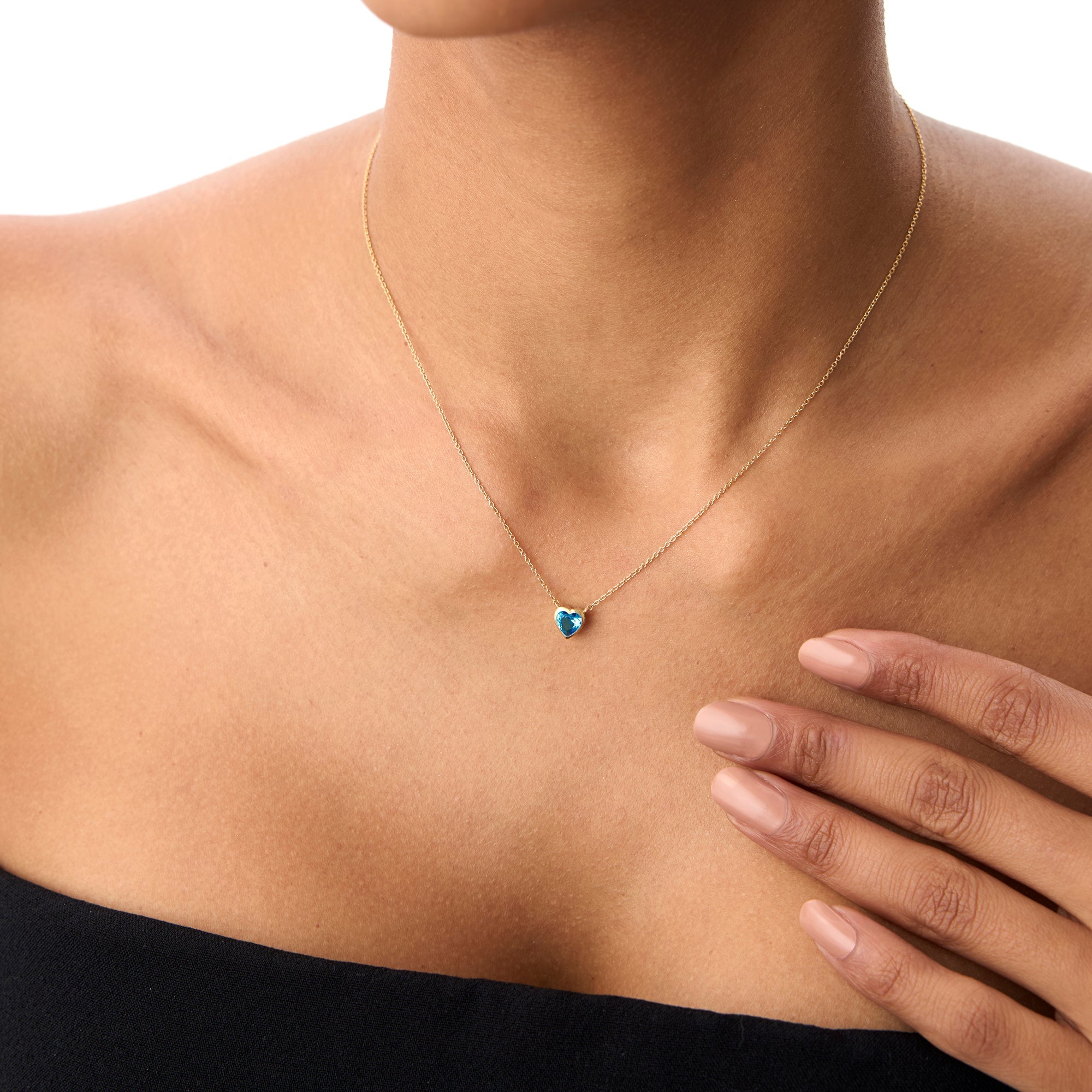 OBFJ0847 - 14K Gold Heart Shaped London Blue Topaz Layering Necklace 2