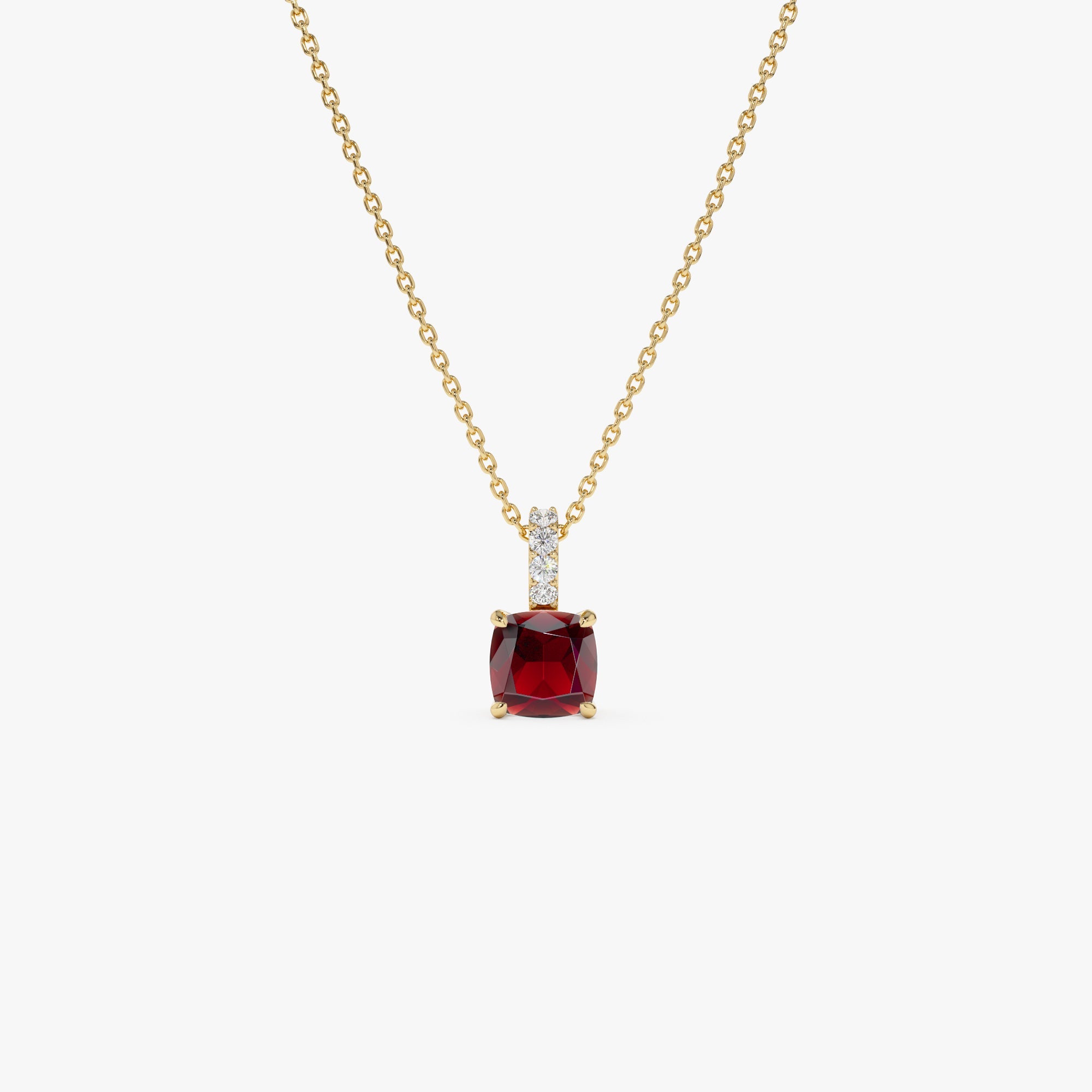 OBFJ0470 - Cushion Cut Garnet with Diamond Bail necklace in selectable metal and diamond options - Roselle Jewelry view 1