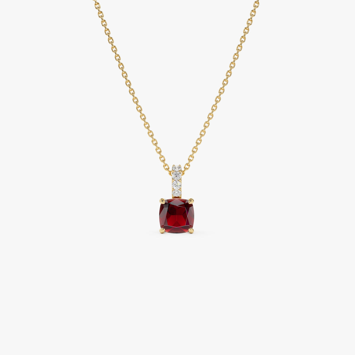 OBFJ0470 - Cushion Cut Garnet with Diamond Bail necklace in selectable metal and diamond options - Roselle Jewelry view 1