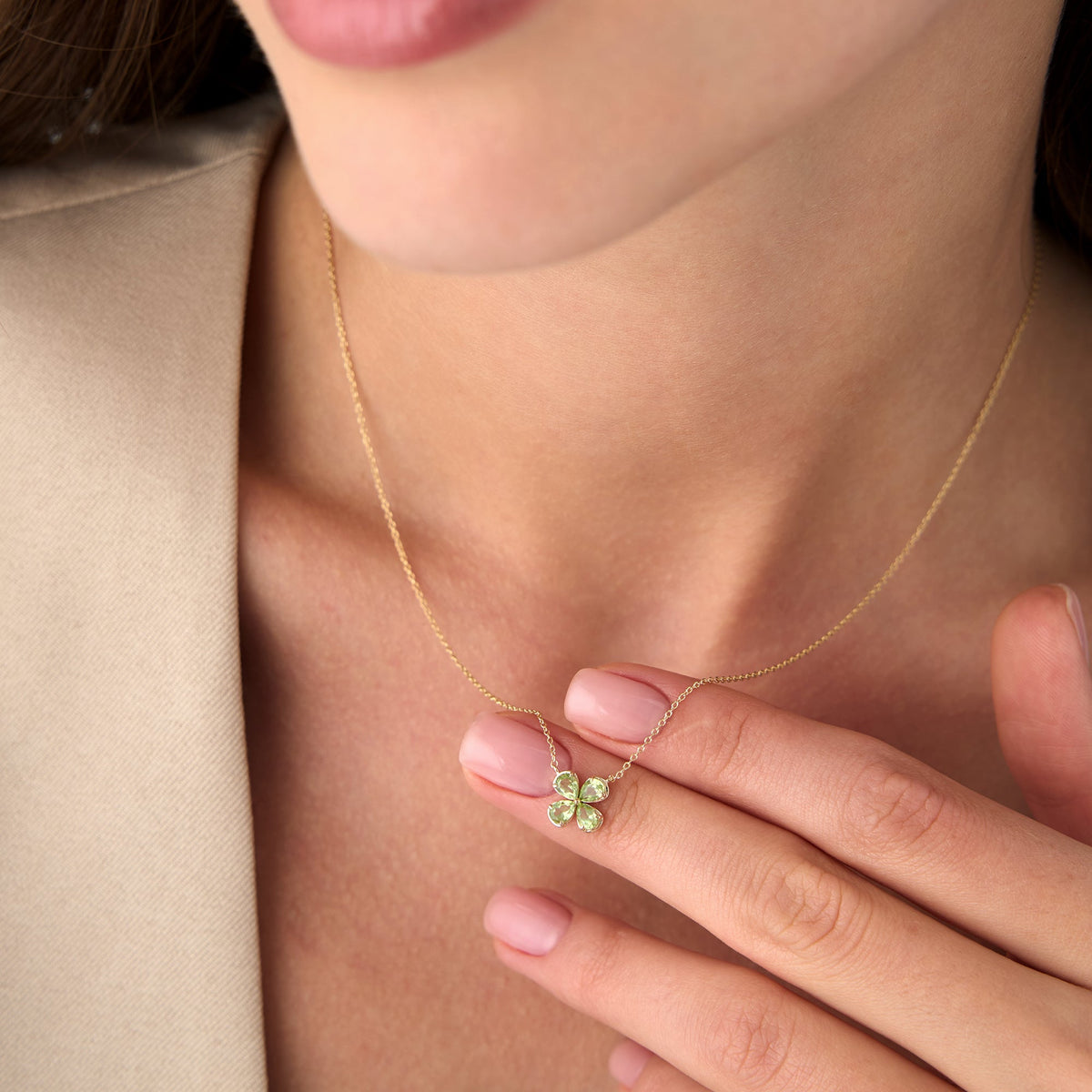 OBFJ0476 - Four Leaf Peridot Clover Necklace necklace in selectable metal and diamond options - Roselle Jewelry view 2