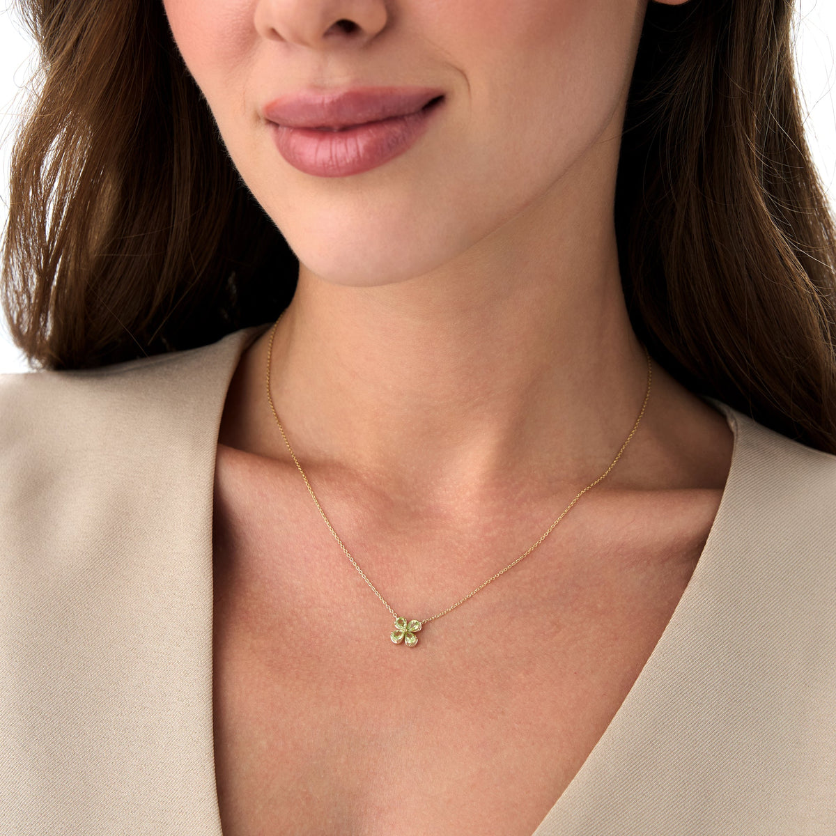 OBFJ0476 - Four Leaf Peridot Clover Necklace necklace in selectable metal and diamond options - Roselle Jewelry view 6