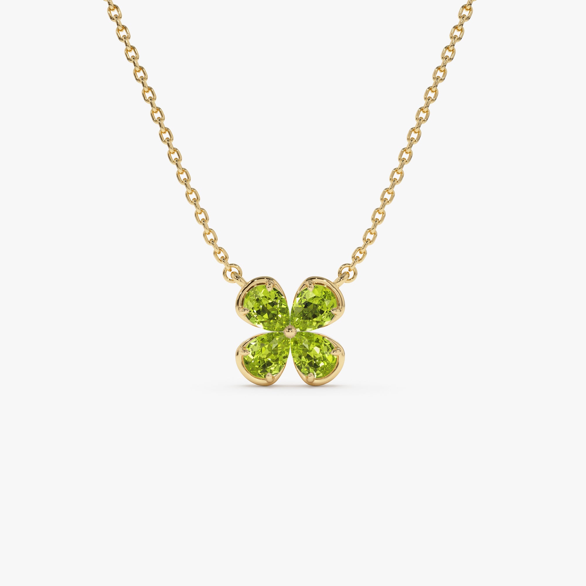 OBFJ0476 - Four Leaf Peridot Clover Necklace necklace in selectable metal and diamond options - Roselle Jewelry view 1