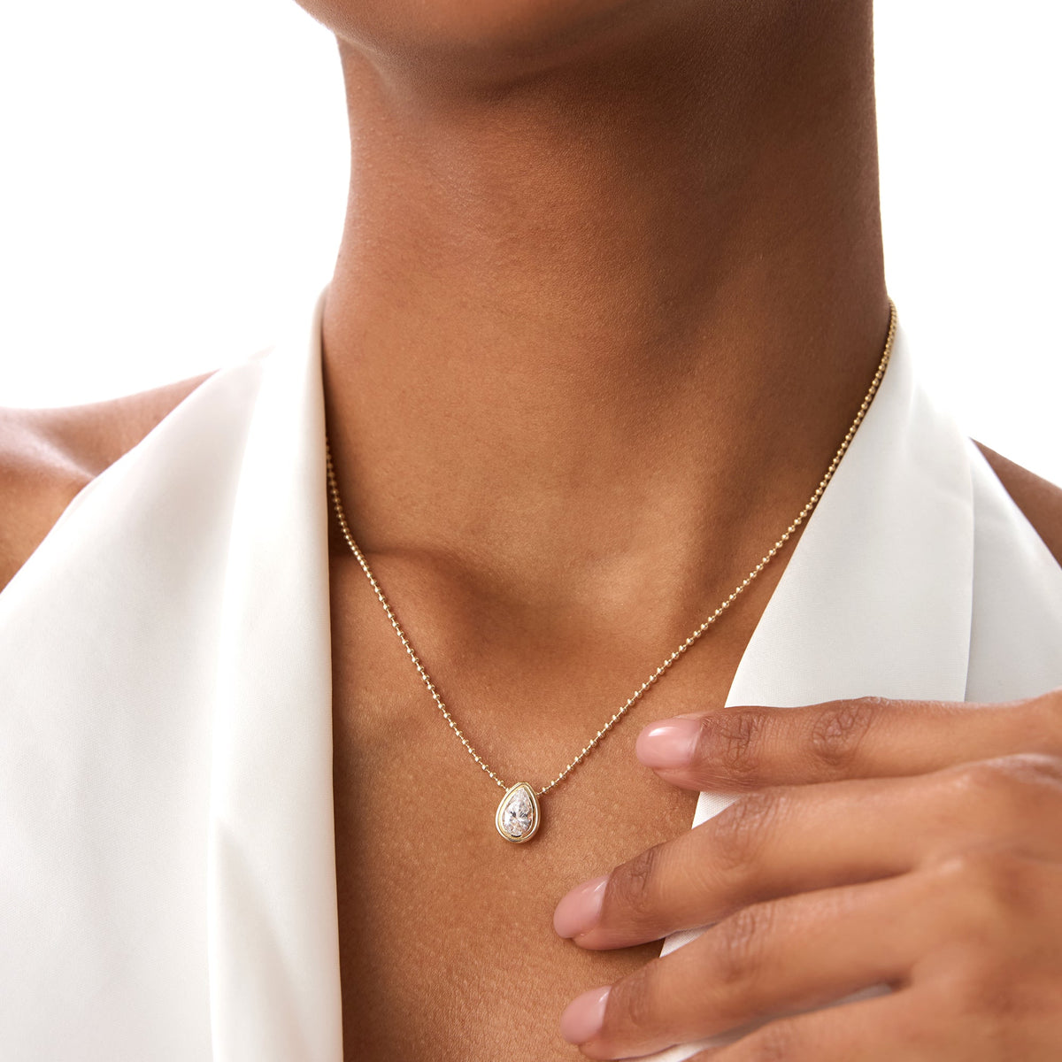 OBFJ0393 - 0.75 Ctw Pear Shape Lab Grown Diamond Beaded Necklace - Lara necklace in selectable metal and diamond options - Roselle Jewelry view 2