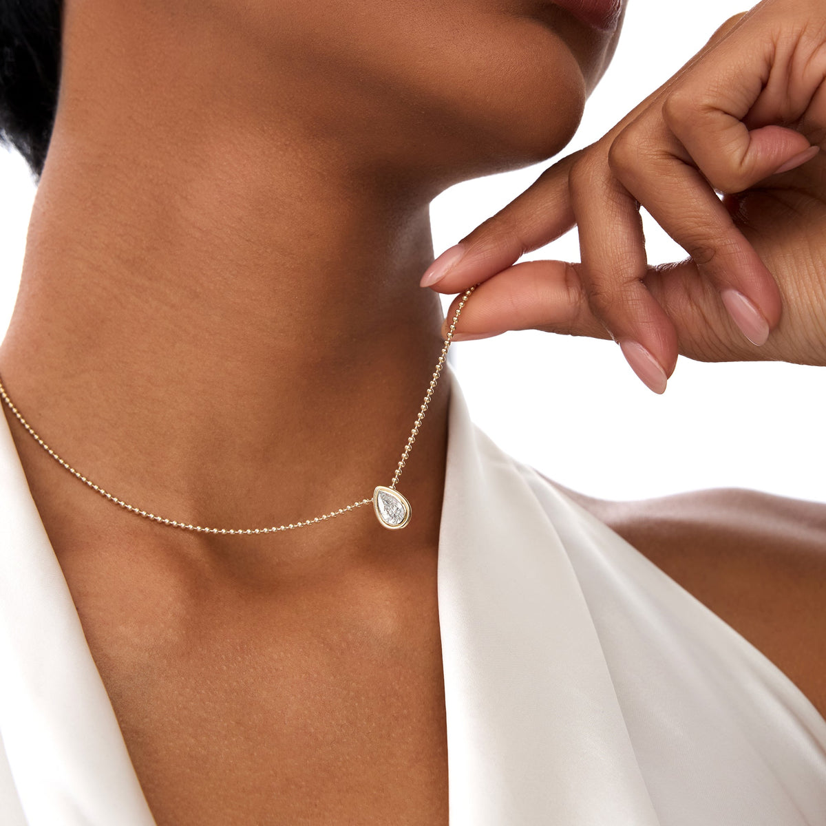 OBFJ0393 - 0.75 Ctw Pear Shape Lab Grown Diamond Beaded Necklace - Lara necklace in selectable metal and diamond options - Roselle Jewelry view 5