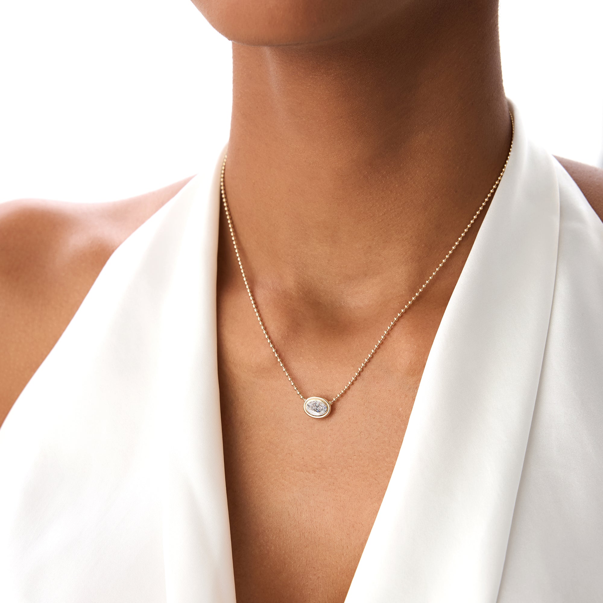 OBFJ0392 - 0.75 Ctw Oval Shape Bezel Lab Grown Diamond Beaded Necklace - Lega necklace in selectable metal and diamond options - Roselle Jewelry view 2