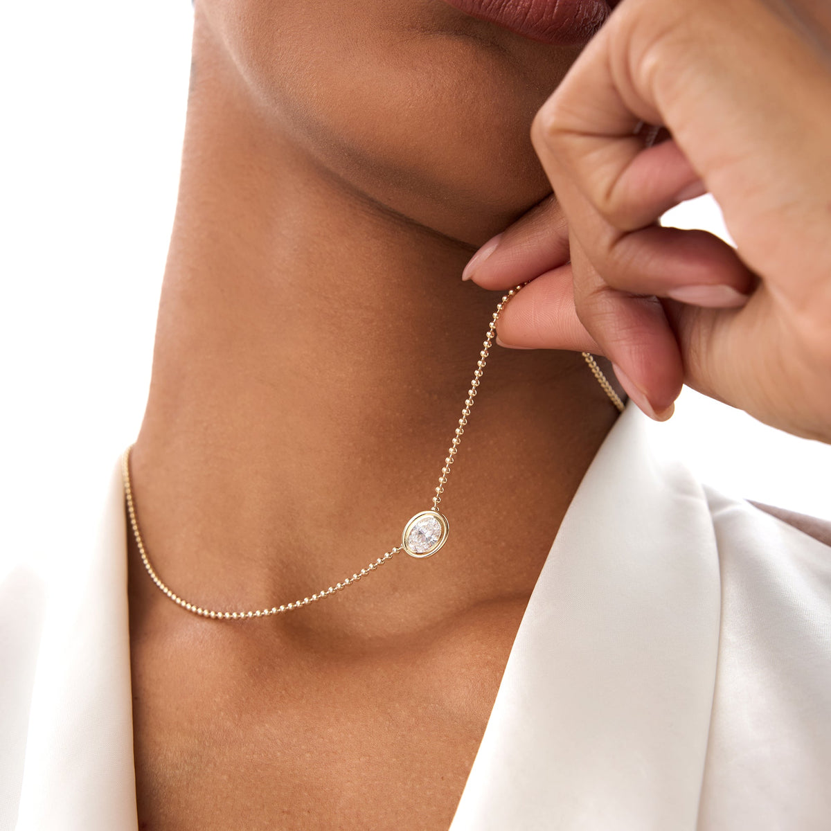 OBFJ0392 - 0.75 Ctw Oval Shape Bezel Lab Grown Diamond Beaded Necklace - Lega necklace in selectable metal and diamond options - Roselle Jewelry view 4