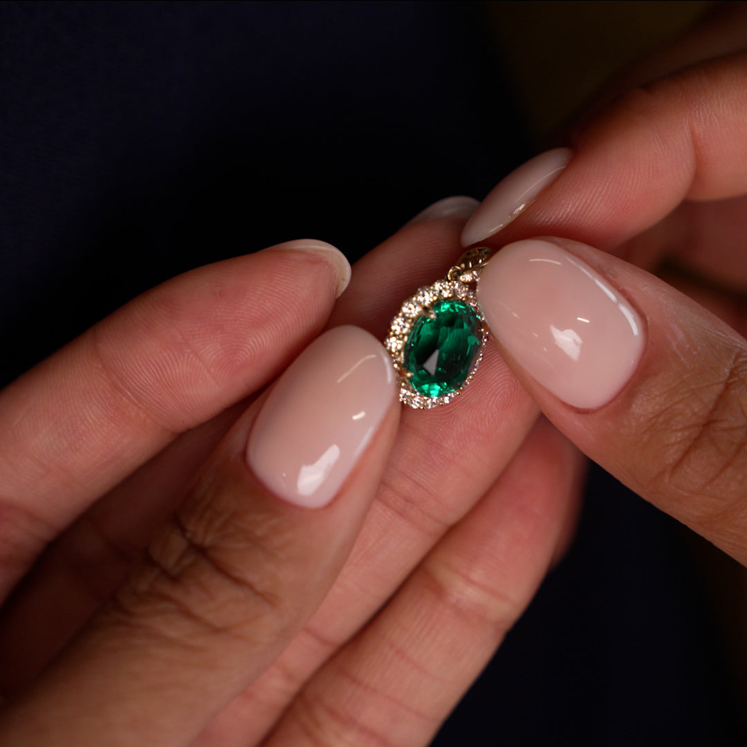OBFJ0371 - 3.60 Ctw 14k Lab Grown Colombian Emerald and Diamond Halo Pendant Necklace - Aura 4